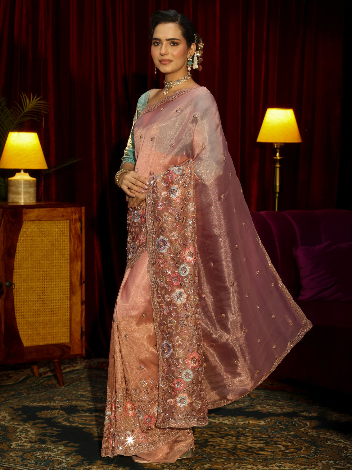 Mameraa Art Peach Pink Floral Embellished Tissue Saree