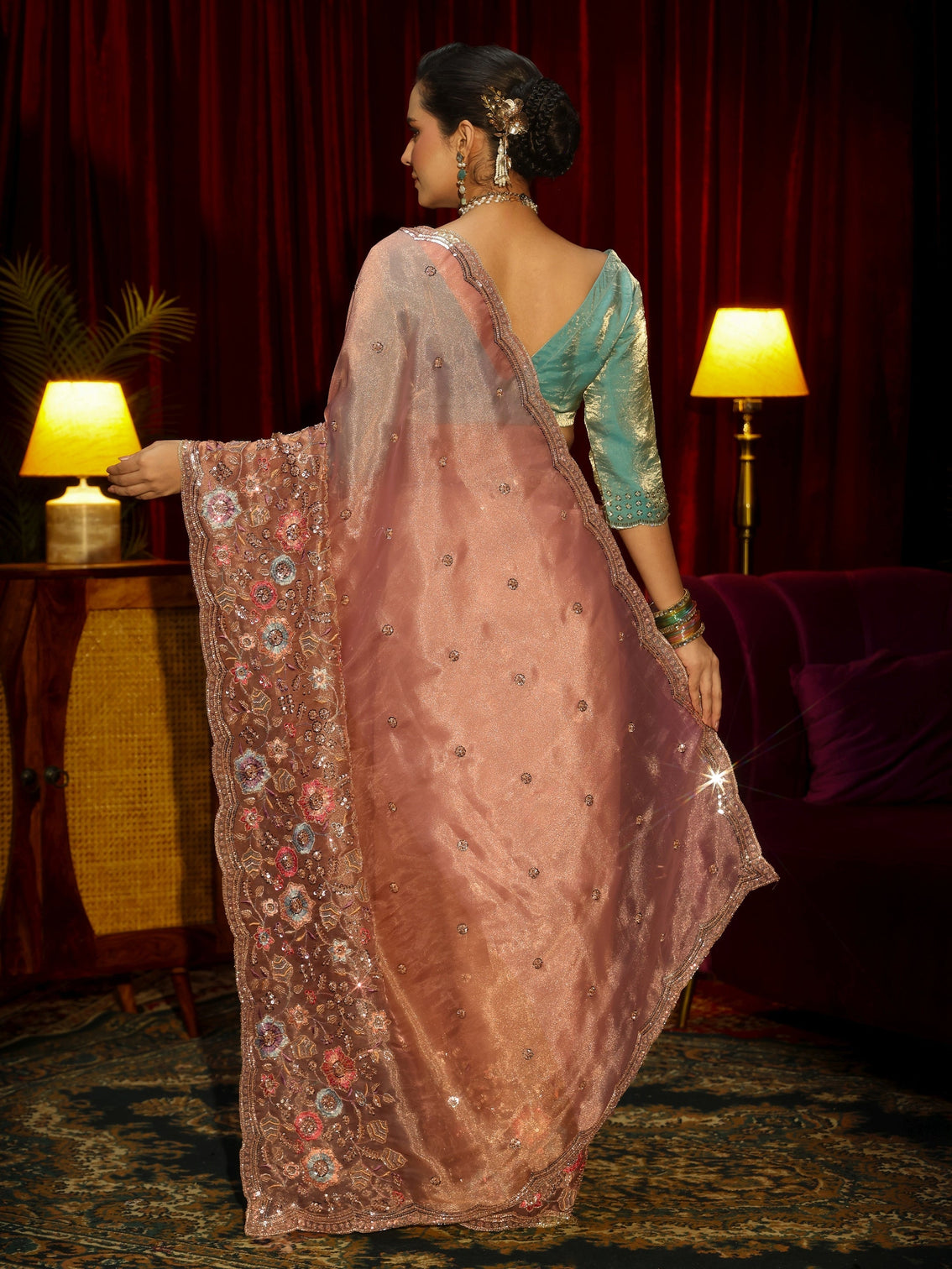 Mameraa Art Peach Pink Floral Embellished Tissue Saree