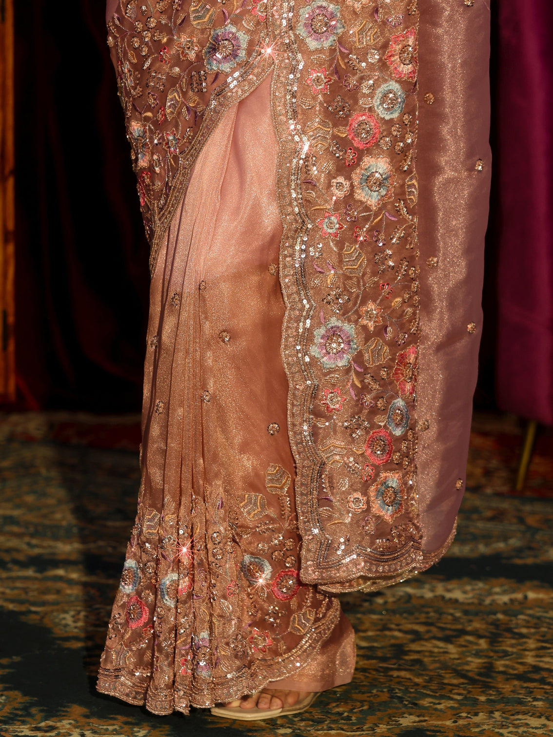 Mameraa Art Peach Pink Floral Embellished Tissue Saree