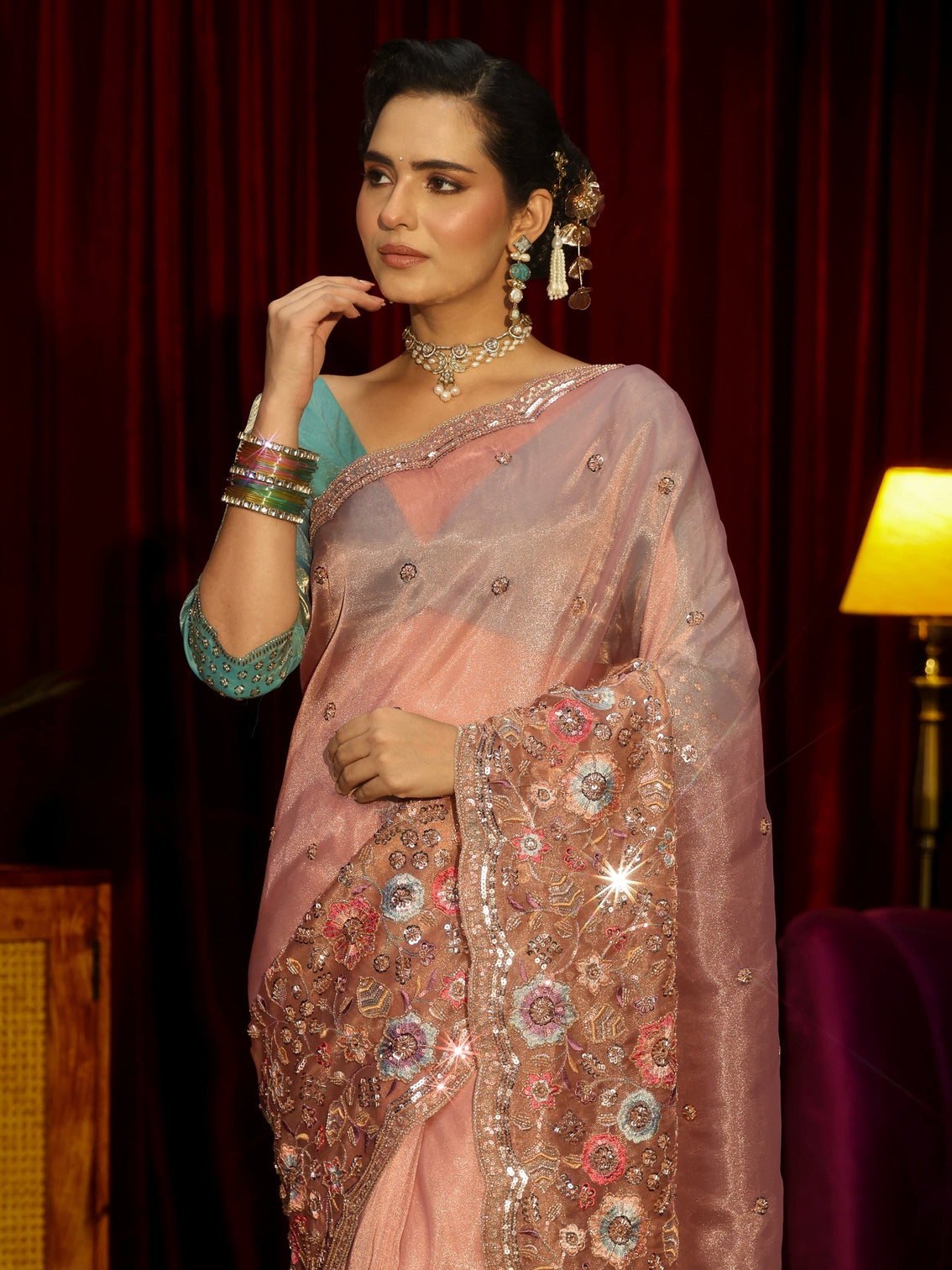Mameraa Art Peach Pink Floral Embellished Tissue Saree