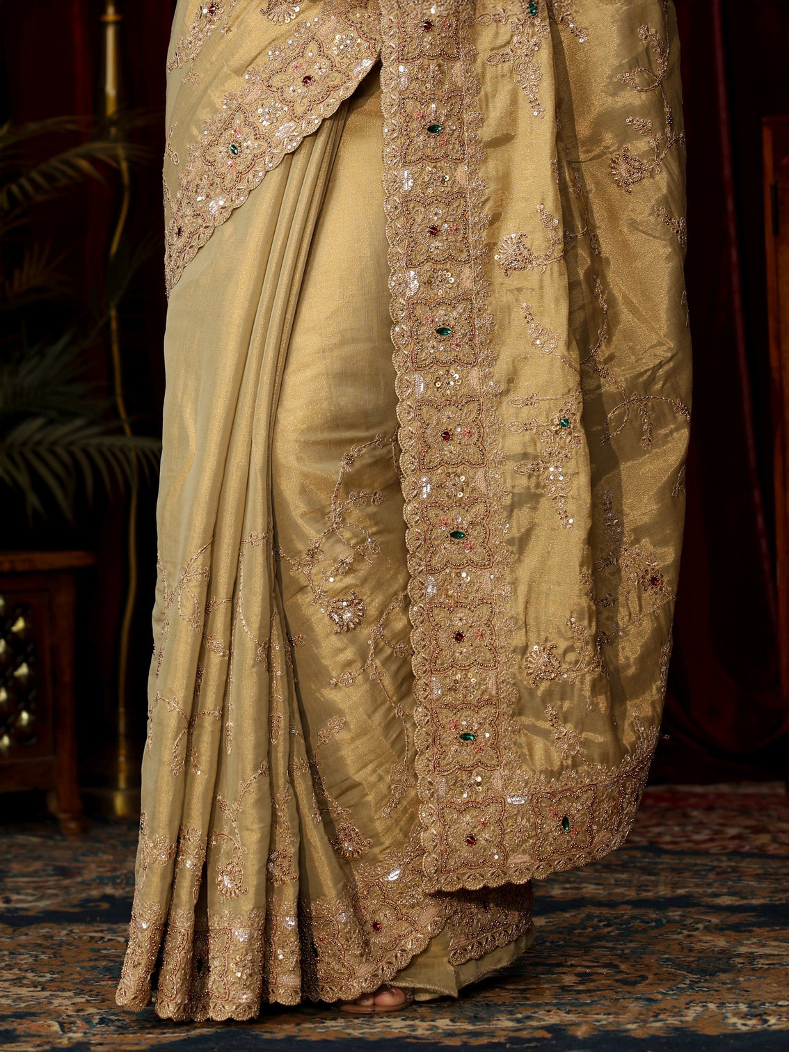 Mameraa Art Pista Green Sequin Zari Embroidered Silk Blend Saree