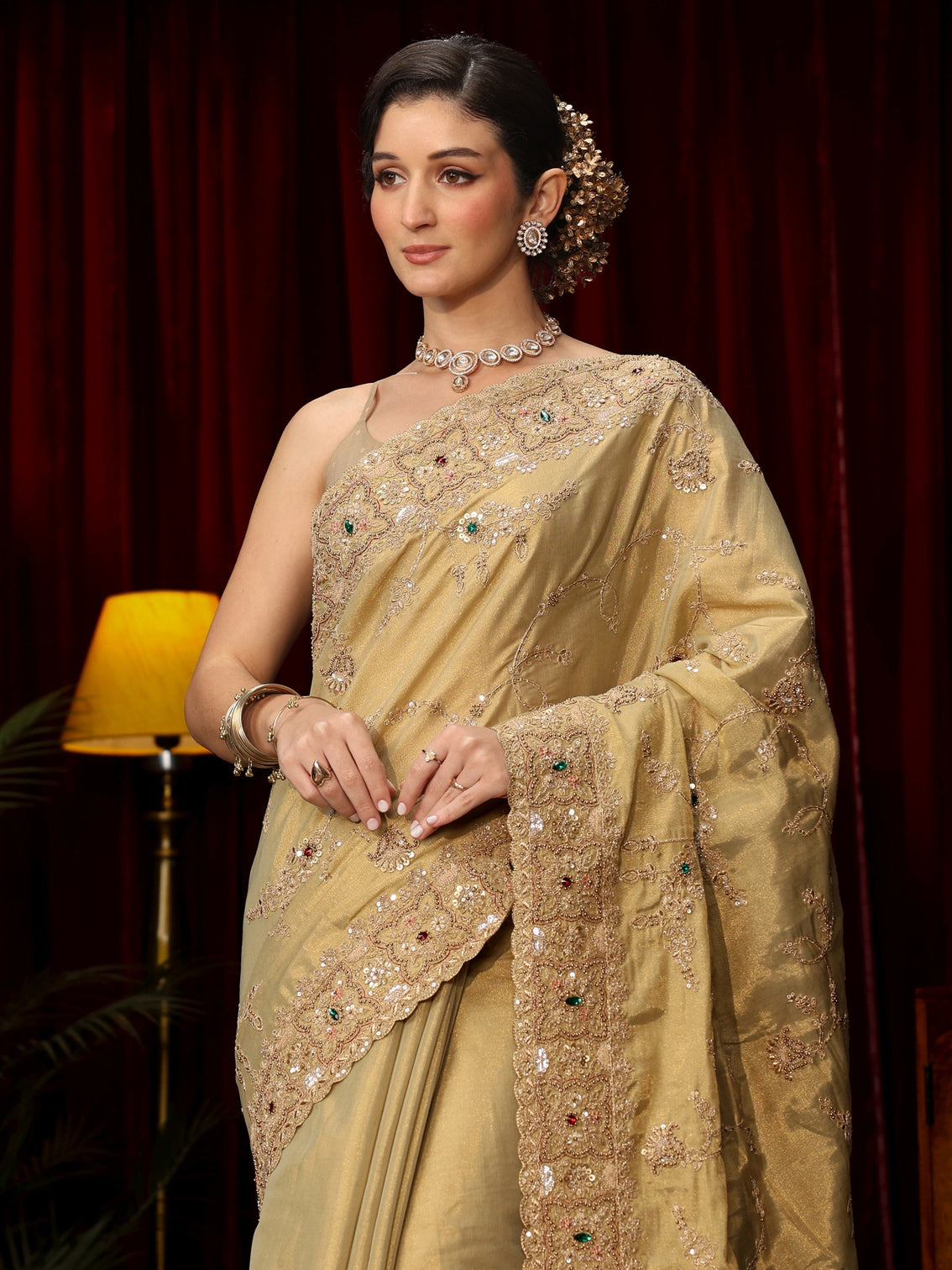Mameraa Art Pista Green Sequin Zari Embroidered Silk Blend Saree