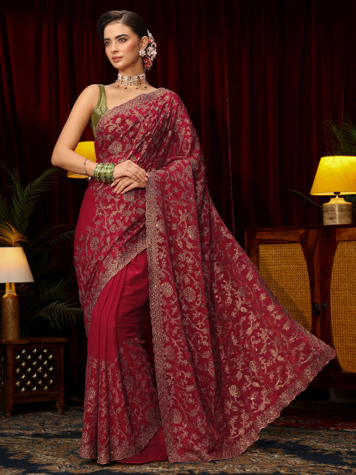 Mameraa Art Rani Pink Floral Zari Embroidered Tissue Saree