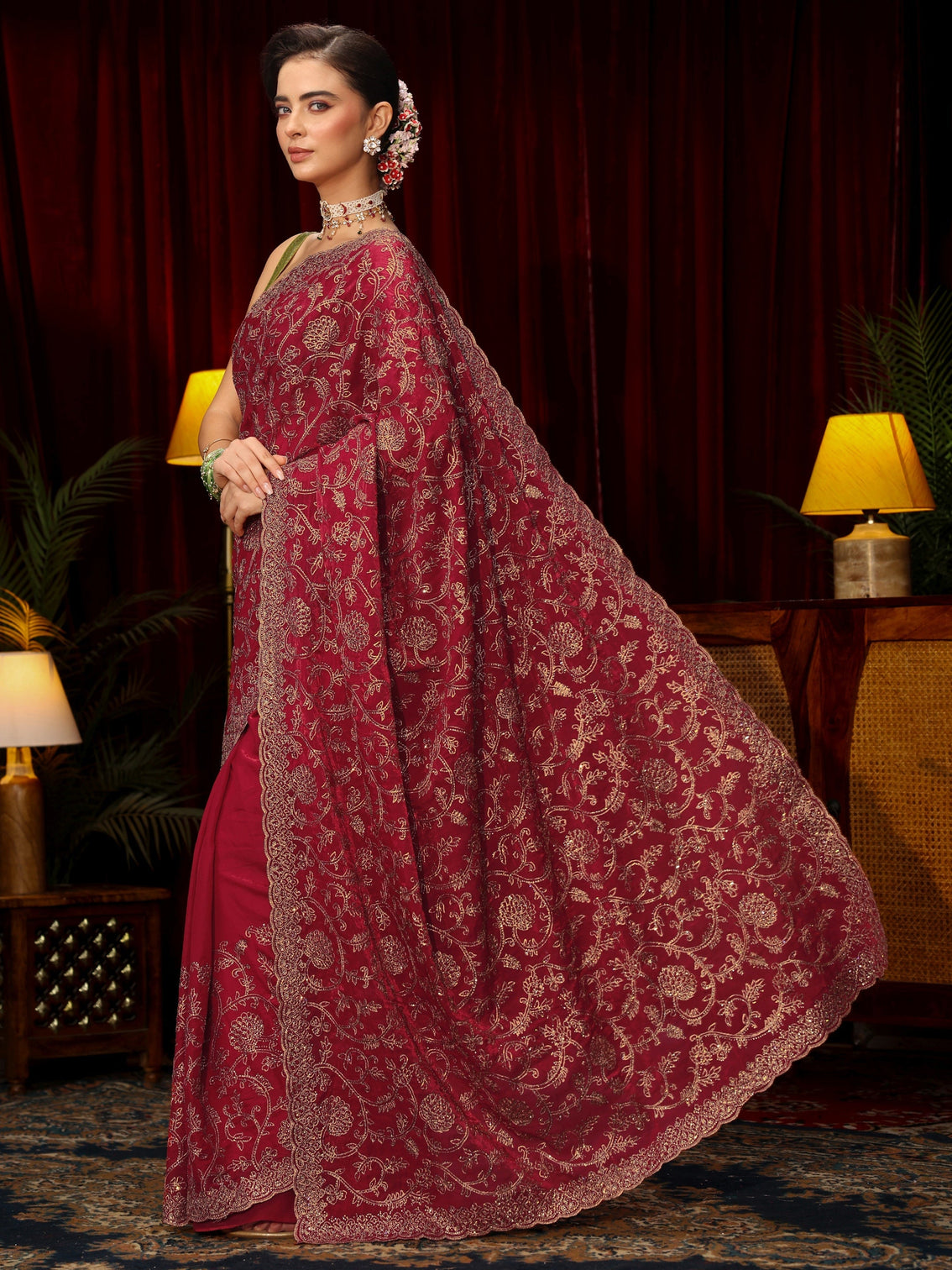 Mameraa Art Rani Pink Floral Zari Embroidered Tissue Saree