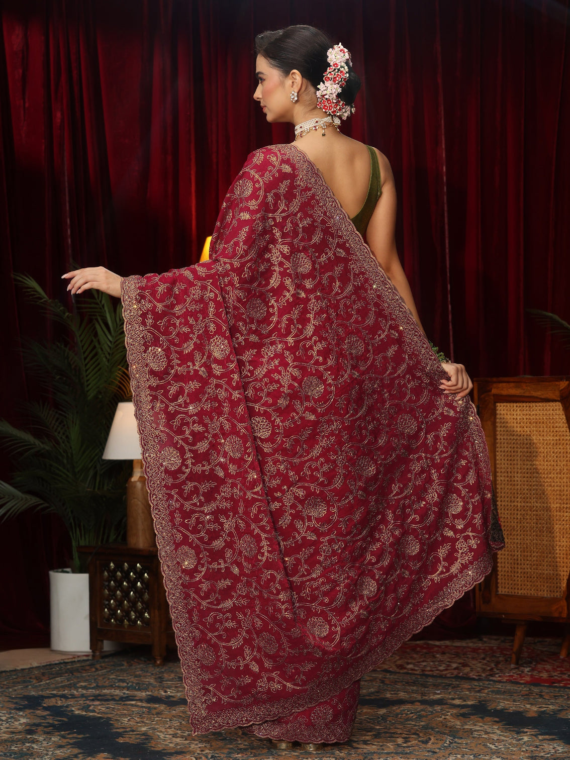 Mameraa Art Rani Pink Floral Zari Embroidered Tissue Saree