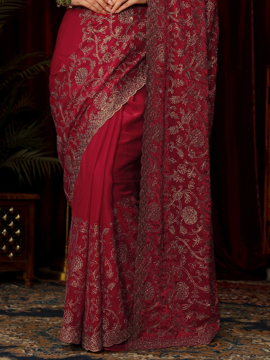 Mameraa Art Rani Pink Floral Zari Embroidered Tissue Saree