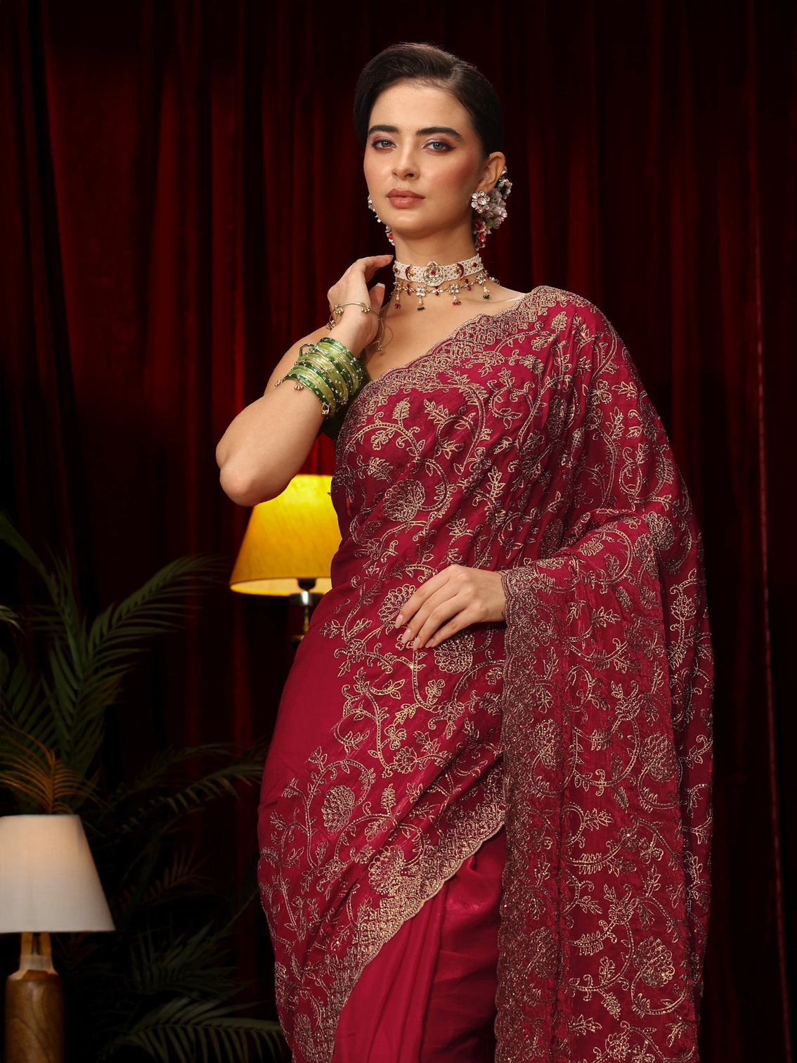 Mameraa Art Rani Pink Floral Zari Embroidered Tissue Saree