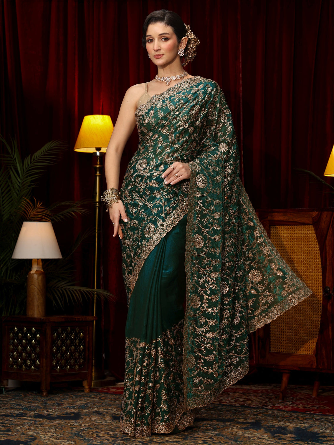Mameraa Art Libs Art Sacramento Green Floral Zari Embroidered Tissue Saree