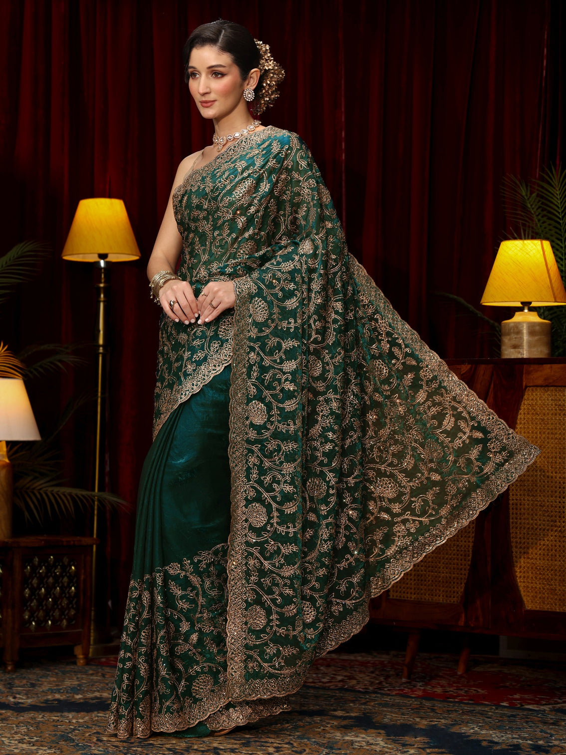 Mameraa Art Libs Art Sacramento Green Floral Zari Embroidered Tissue Saree