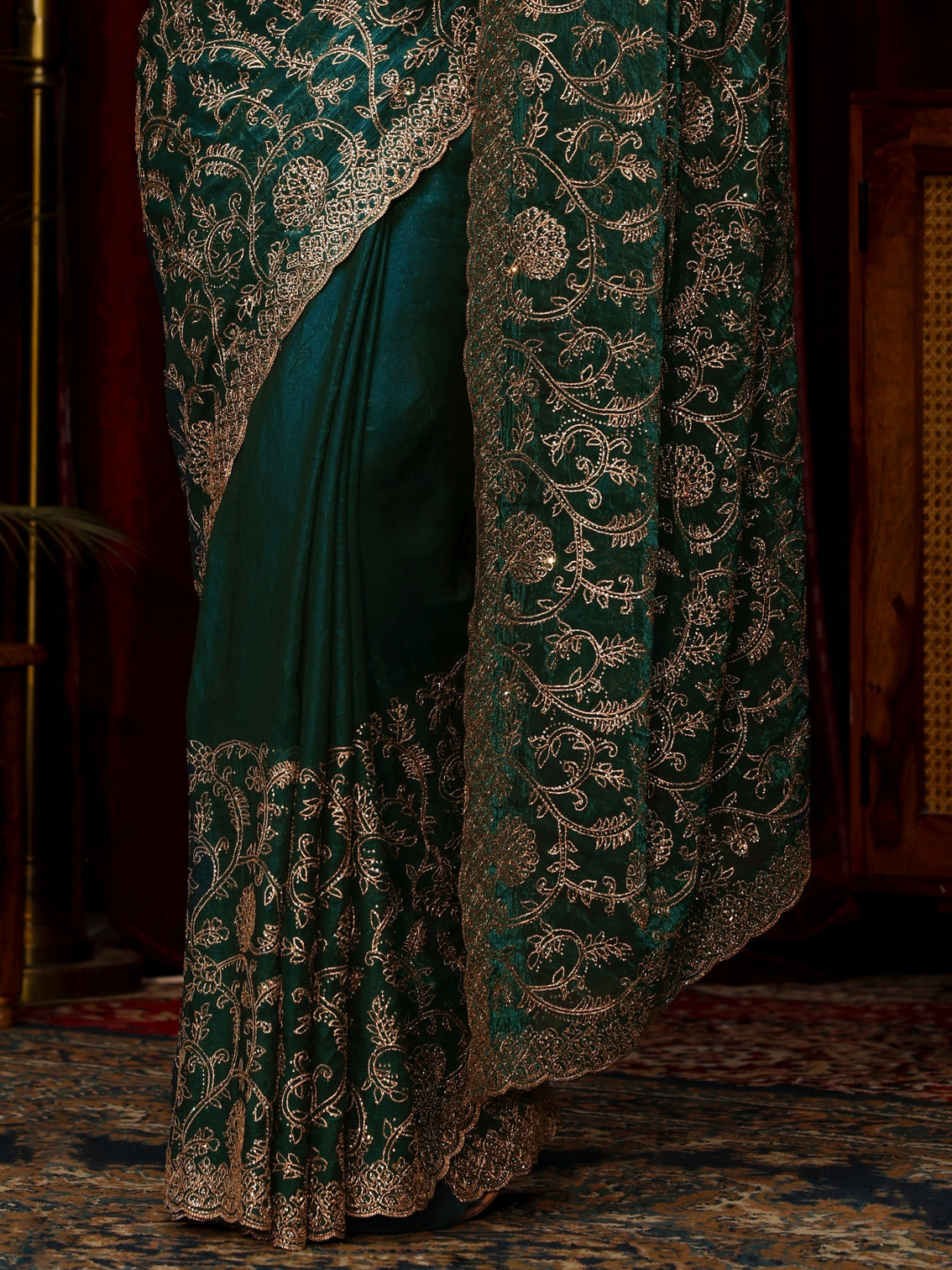 Mameraa Art Libs Art Sacramento Green Floral Zari Embroidered Tissue Saree