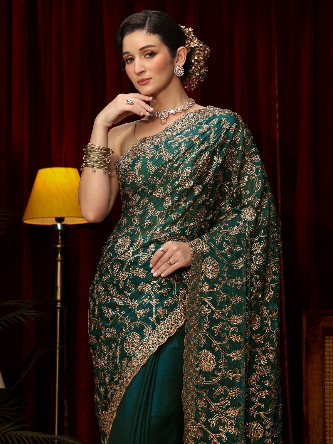 Mameraa Art Libs Art Sacramento Green Floral Zari Embroidered Tissue Saree