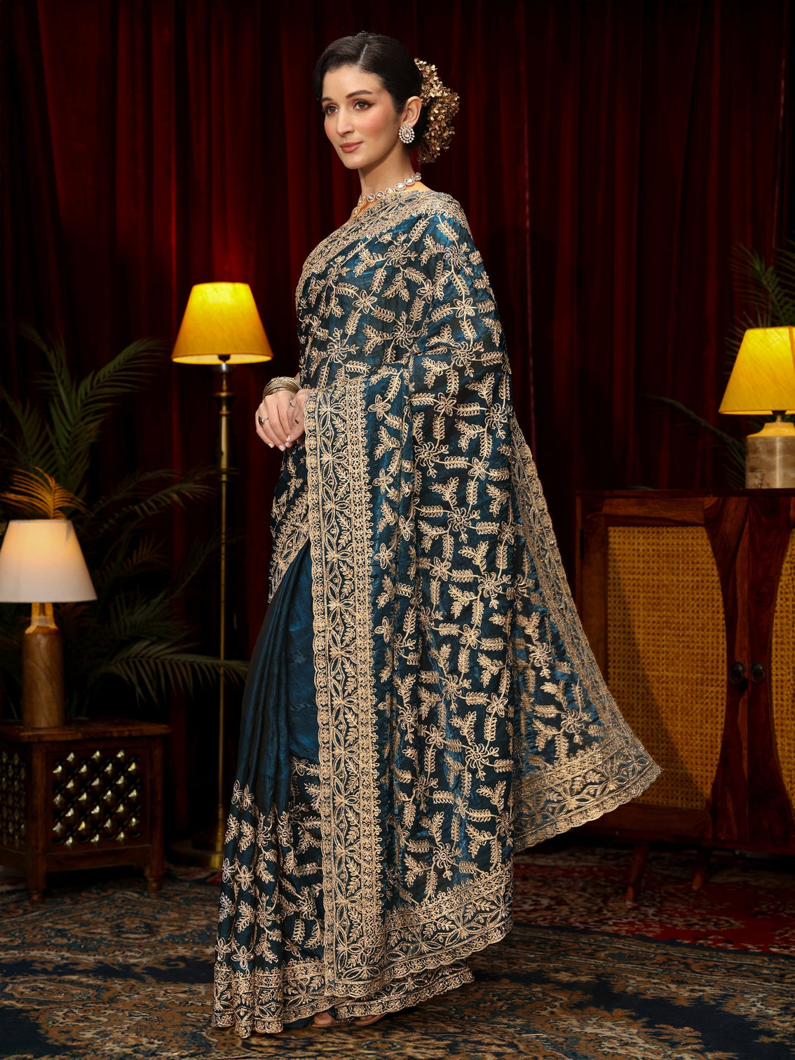 Mameraa Art Teal Blue Leafy Zari Embroidered Tissue Saree