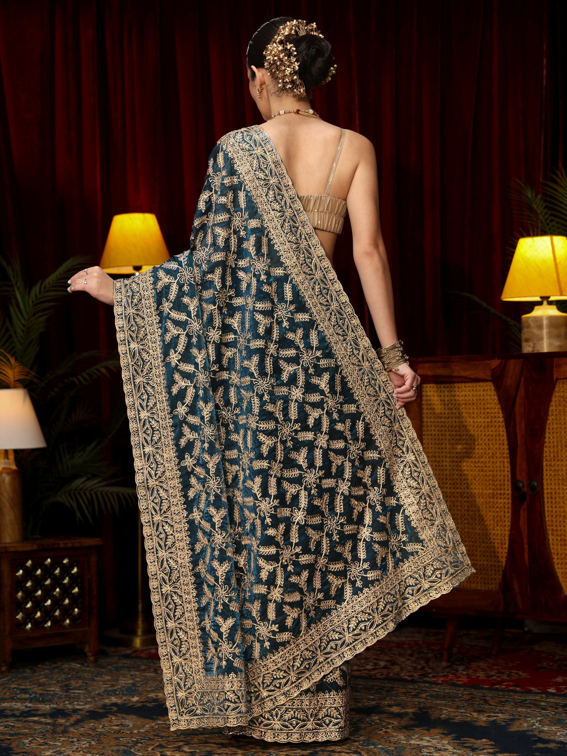 Mameraa Art Teal Blue Leafy Zari Embroidered Tissue Saree