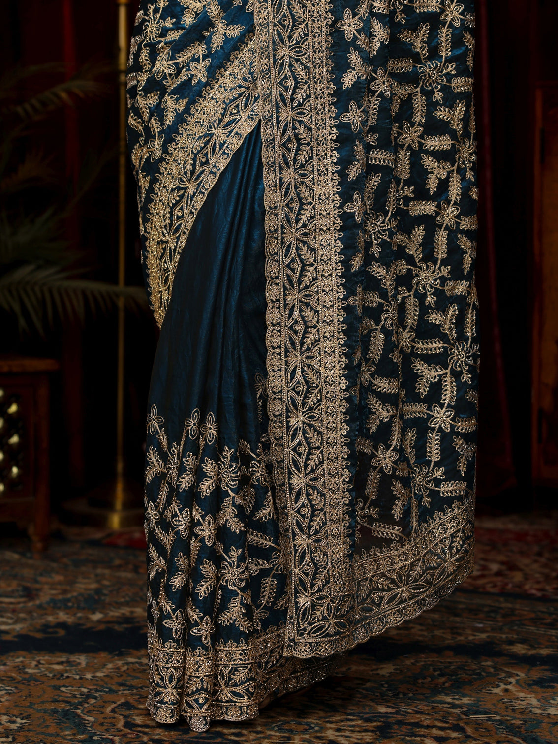 Mameraa Art Teal Blue Leafy Zari Embroidered Tissue Saree
