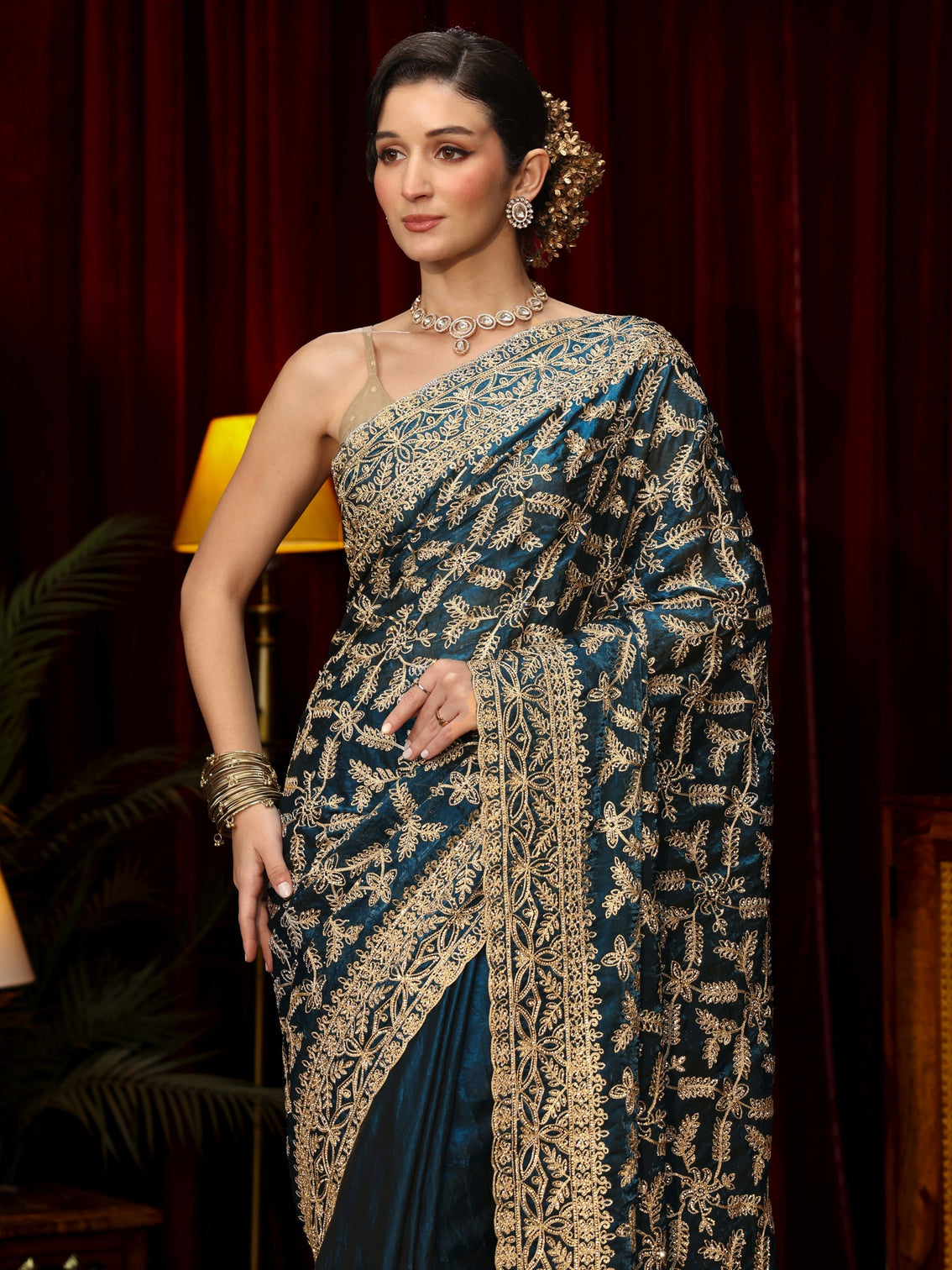 Mameraa Art Teal Blue Leafy Zari Embroidered Tissue Saree
