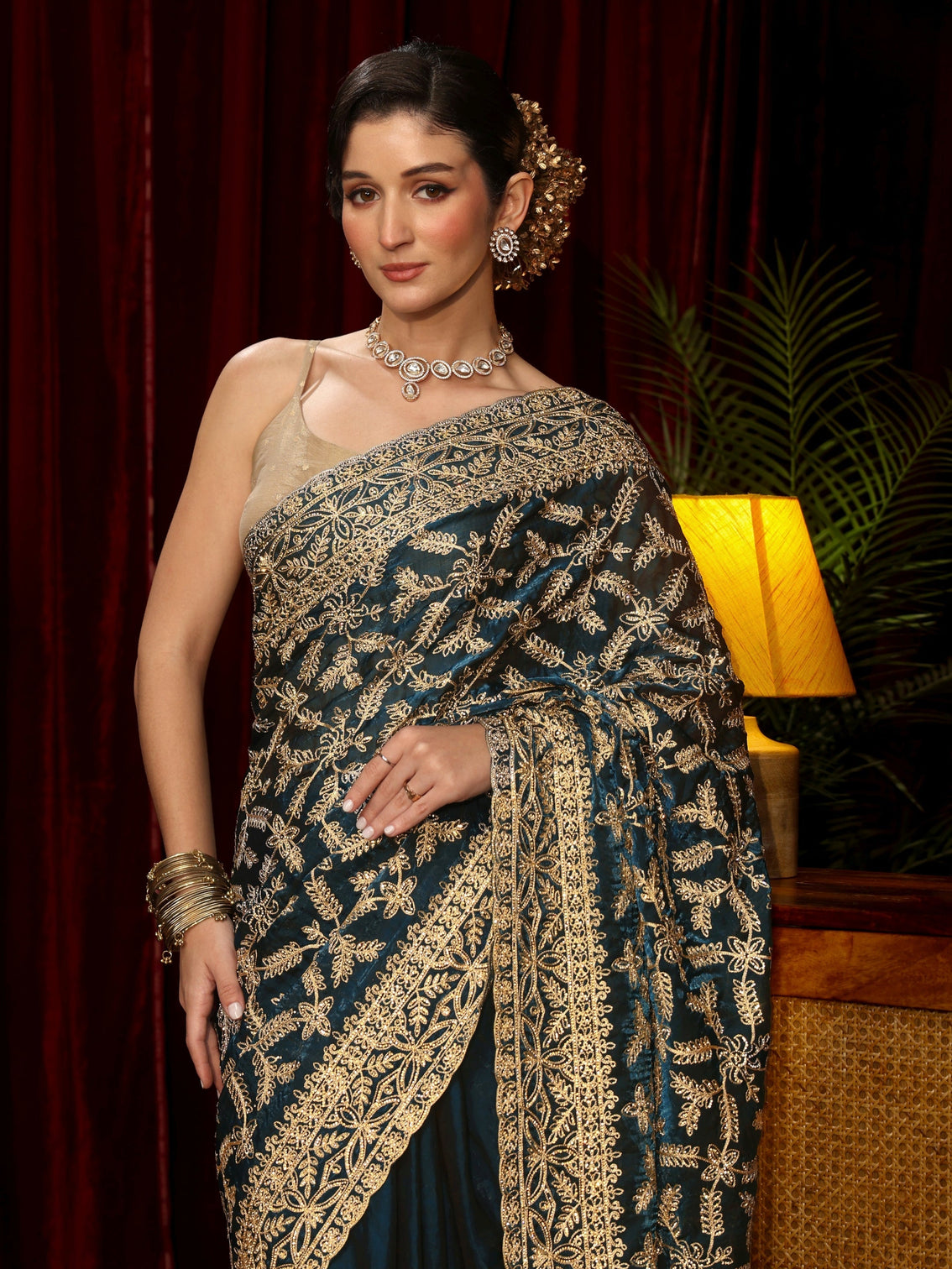 Mameraa Art Teal Blue Leafy Zari Embroidered Tissue Saree