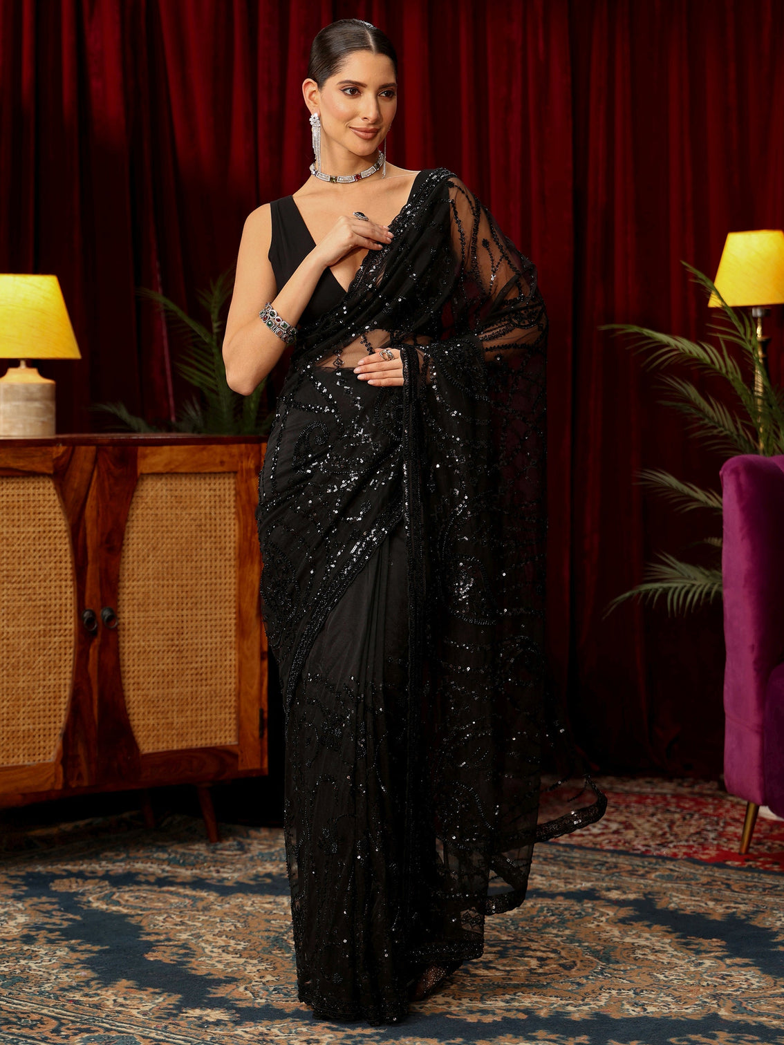 Mameraa Art Black Sequin Embellished Net Saree