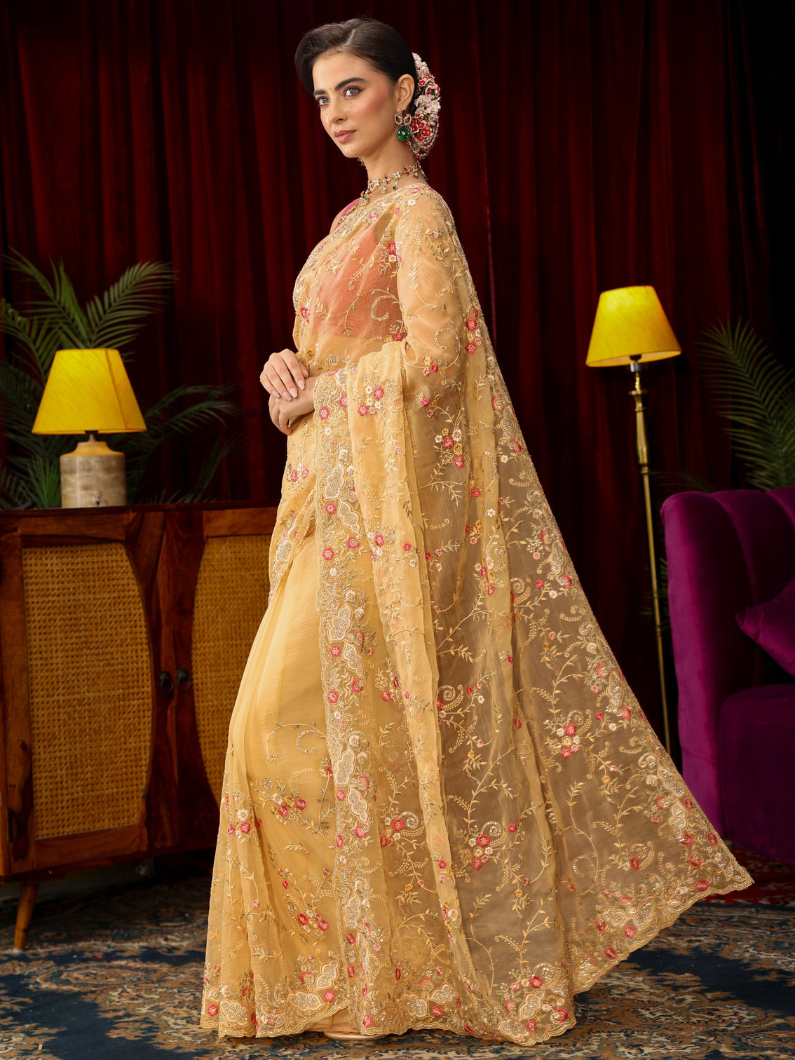 Mameraa Art Yellow Floral Embroidered Organza Saree