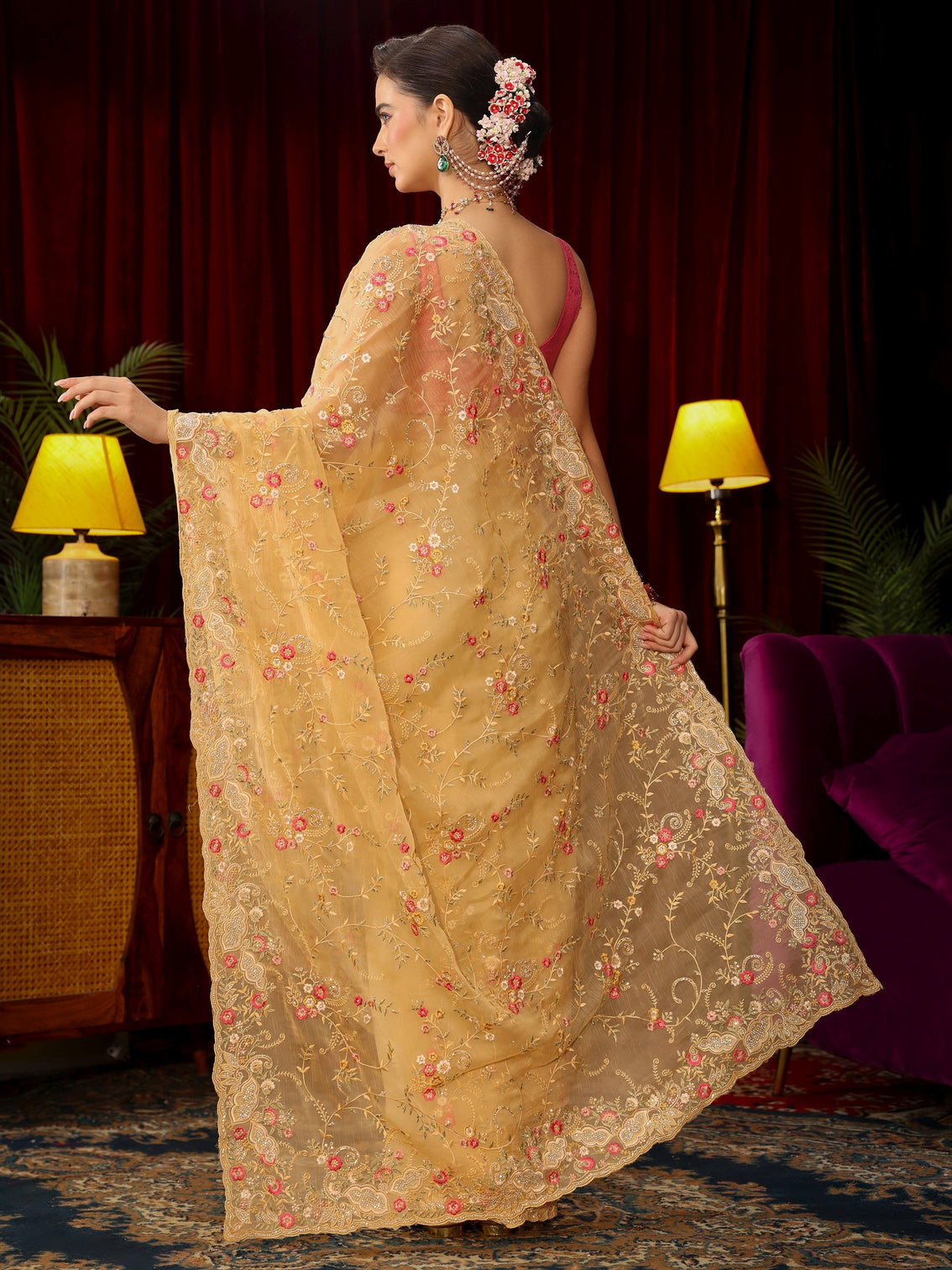 Mameraa Art Yellow Floral Embroidered Organza Saree