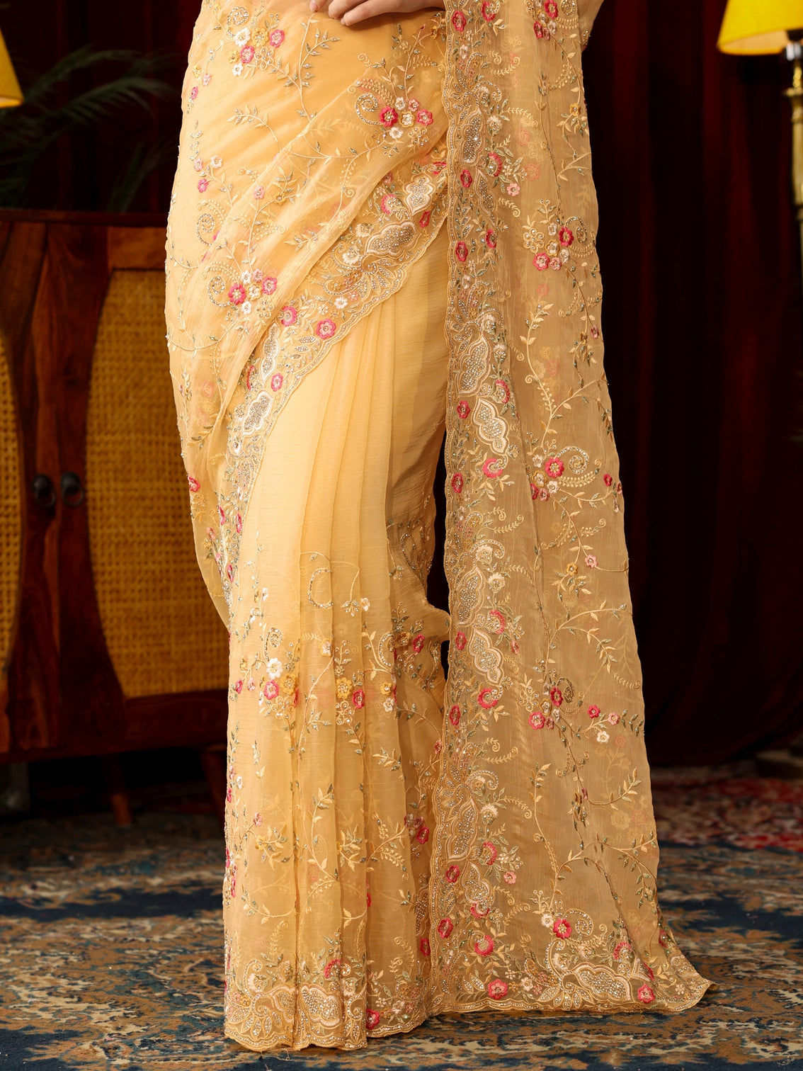 Mameraa Art Yellow Floral Embroidered Organza Saree