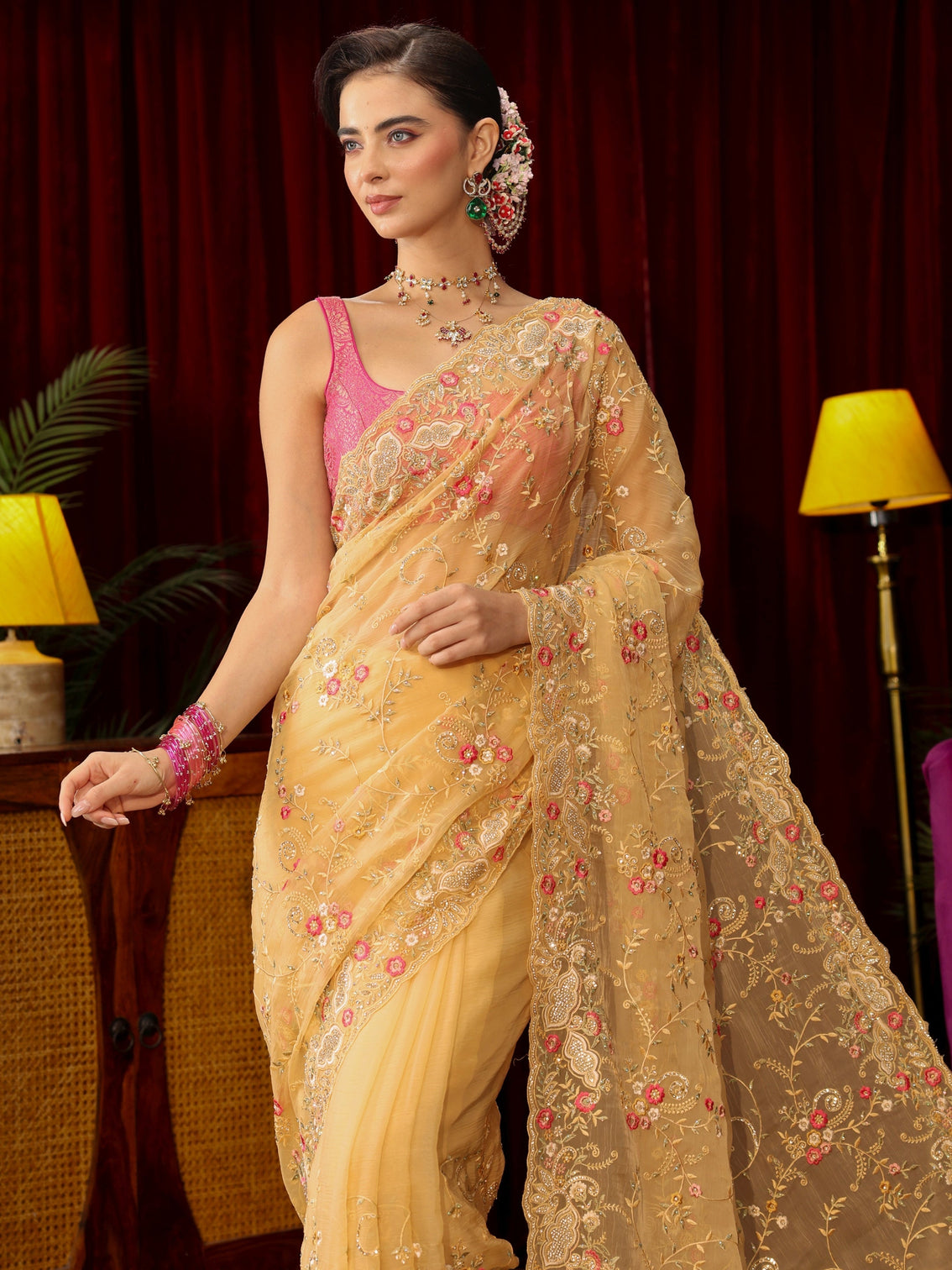 Mameraa Art Yellow Floral Embroidered Organza Saree