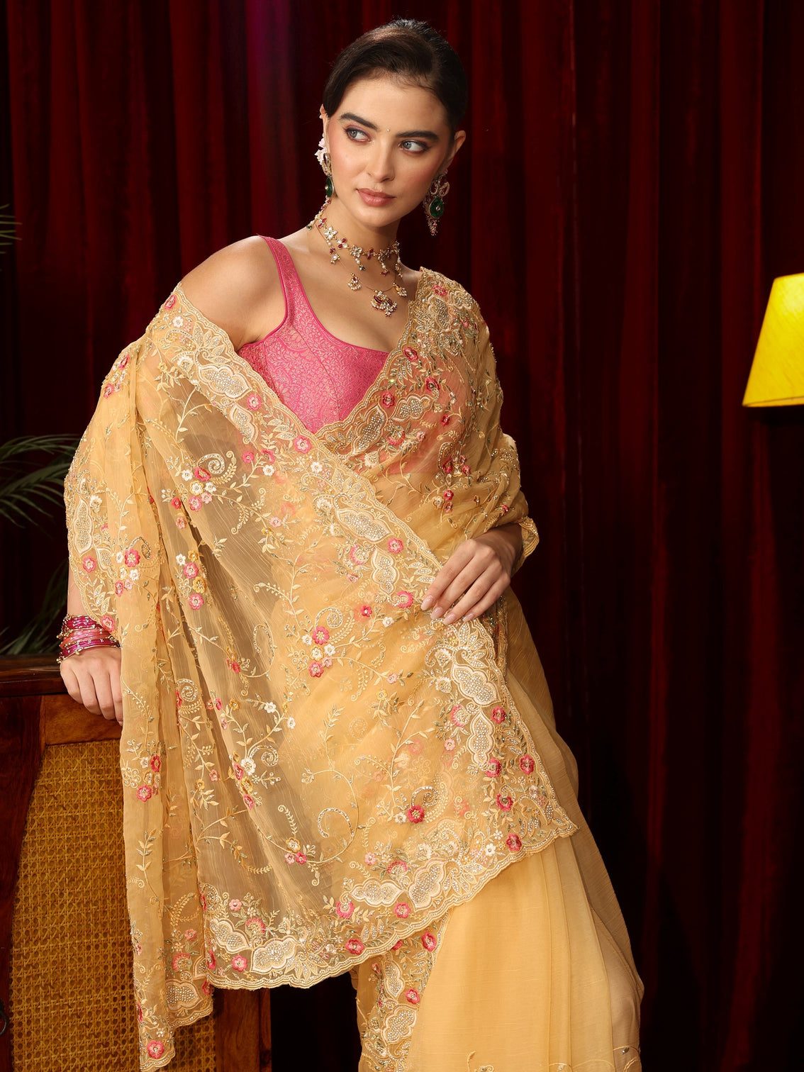 Mameraa Art Yellow Floral Embroidered Organza Saree