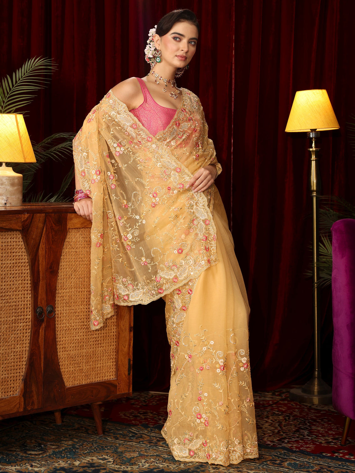 Mameraa Art Yellow Floral Embroidered Organza Saree