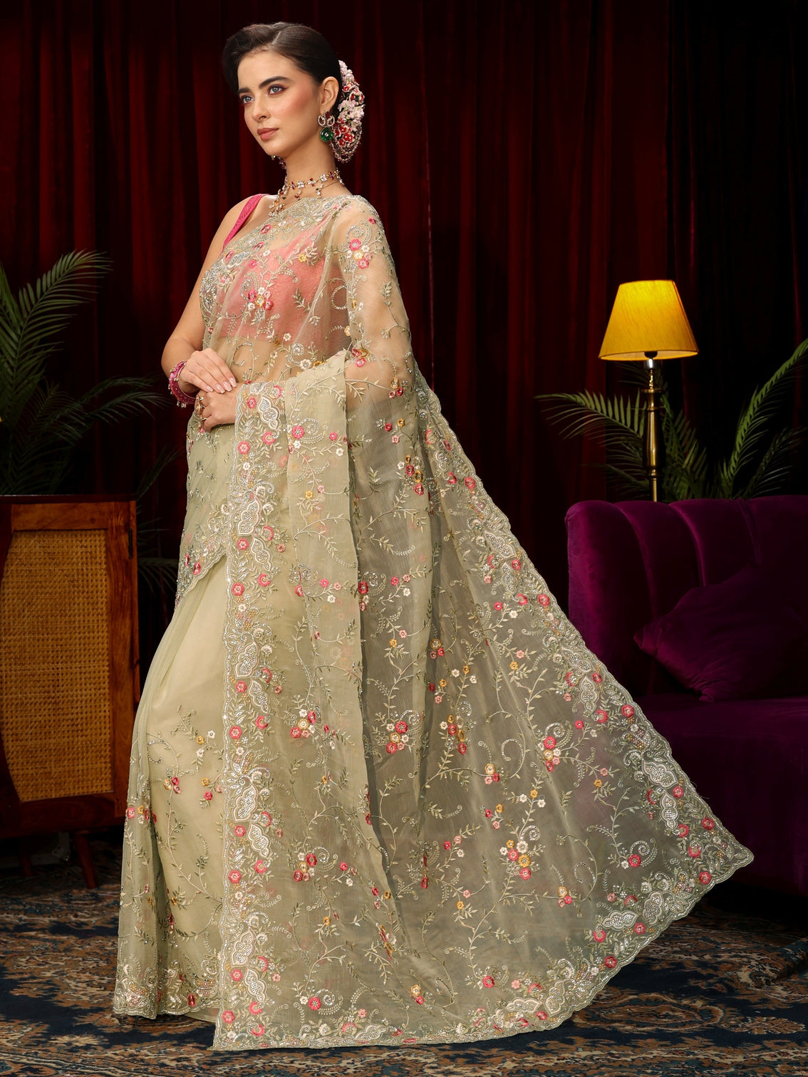 Mameraa Art Sage Green Floral Embroidered Organza Saree