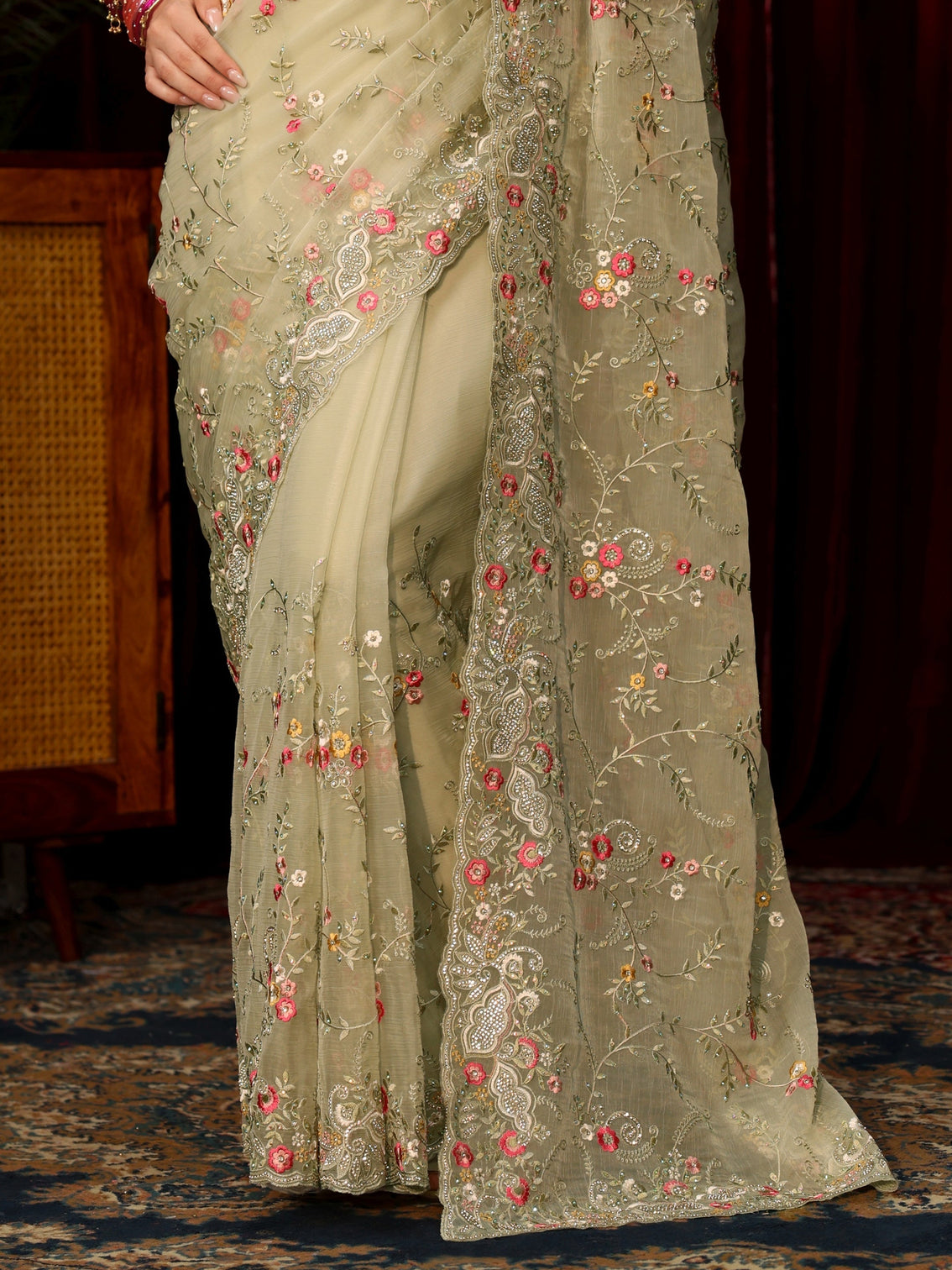 Mameraa Art Sage Green Floral Embroidered Organza Saree