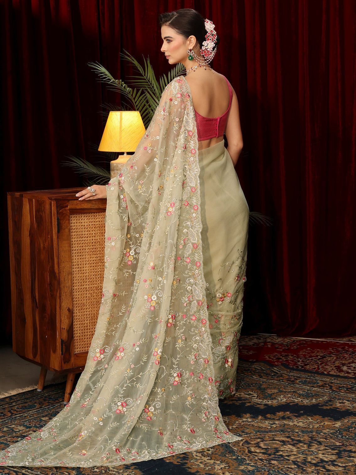 Mameraa Art Sage Green Floral Embroidered Organza Saree