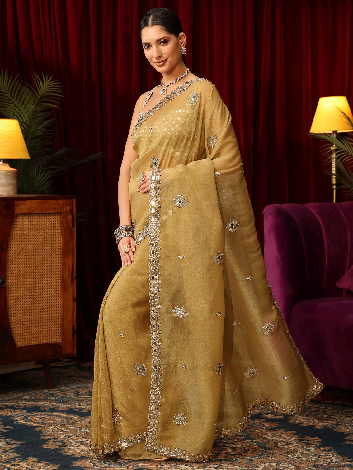 Mameraa Art Golden Tisssue Saree with Mirror Work Floral Embellishments