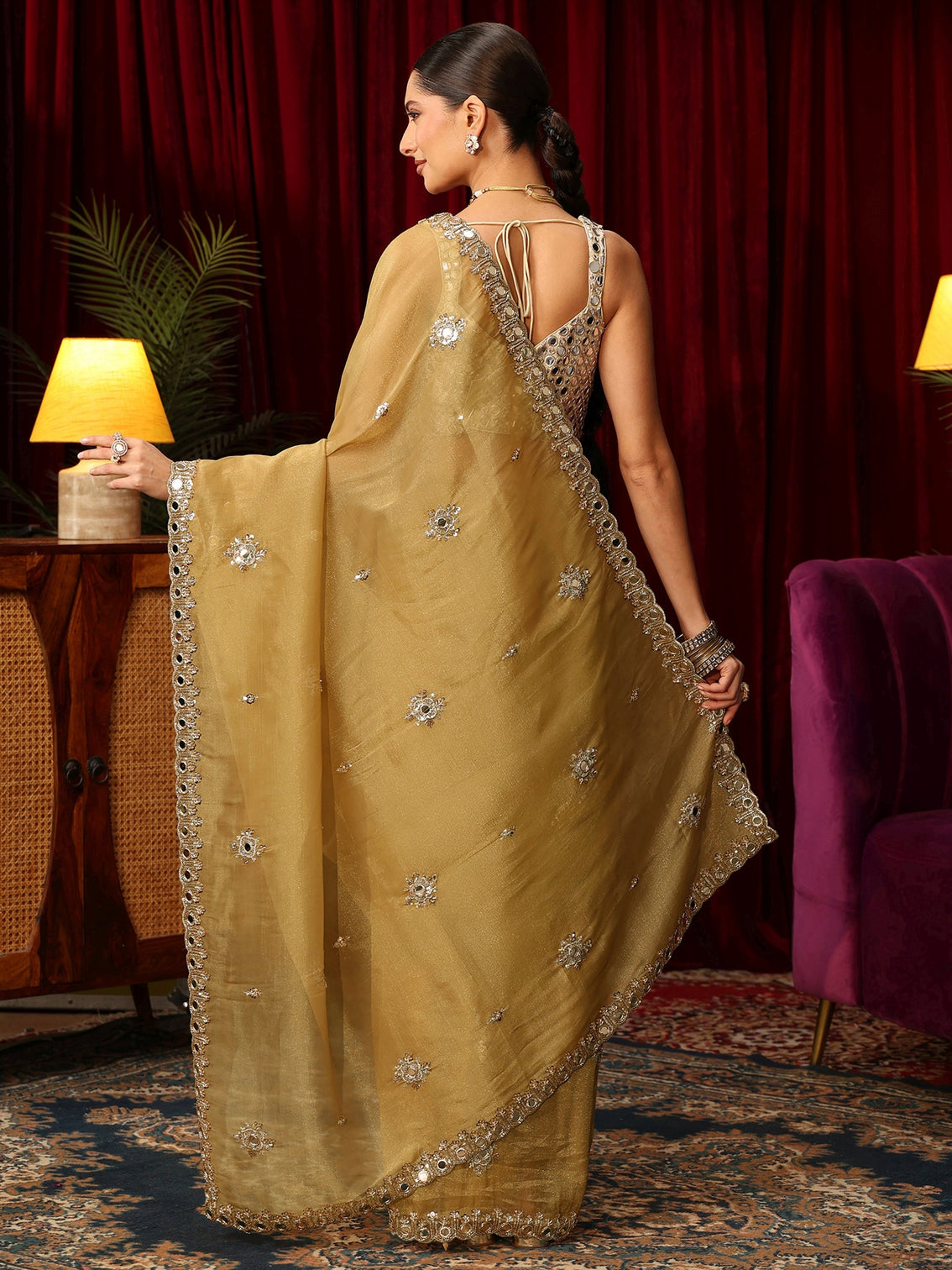Mameraa Art Golden Tisssue Saree with Mirror Work Floral Embellishments