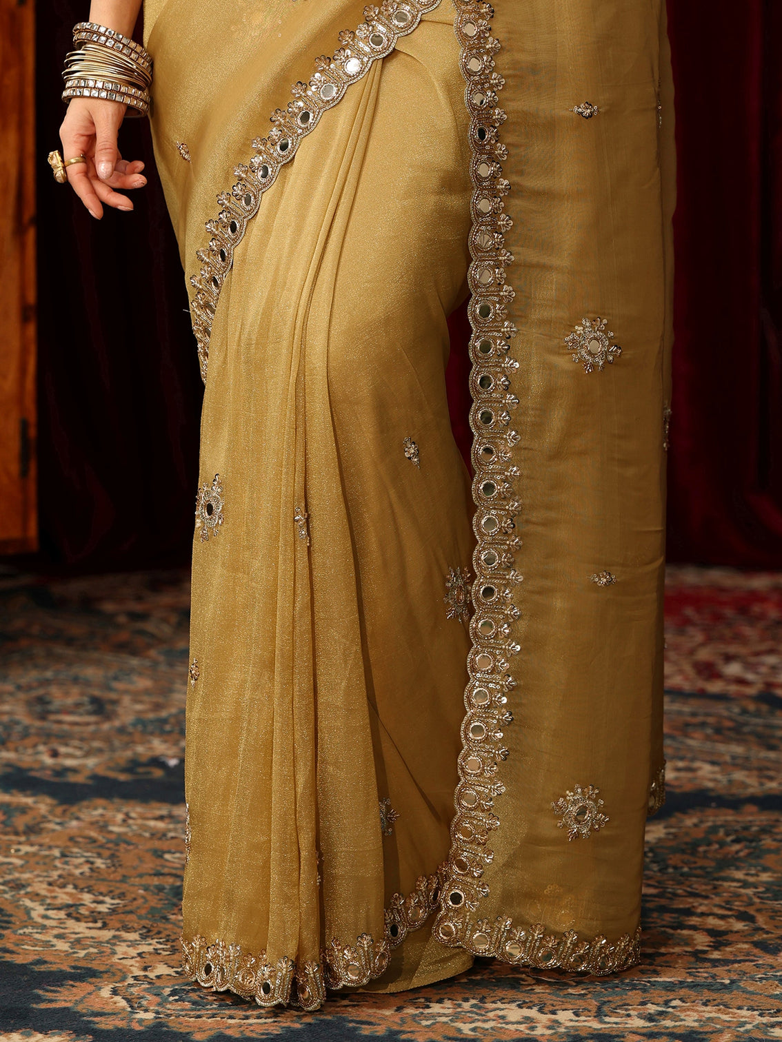 Mameraa Art Golden Tisssue Saree with Mirror Work Floral Embellishments