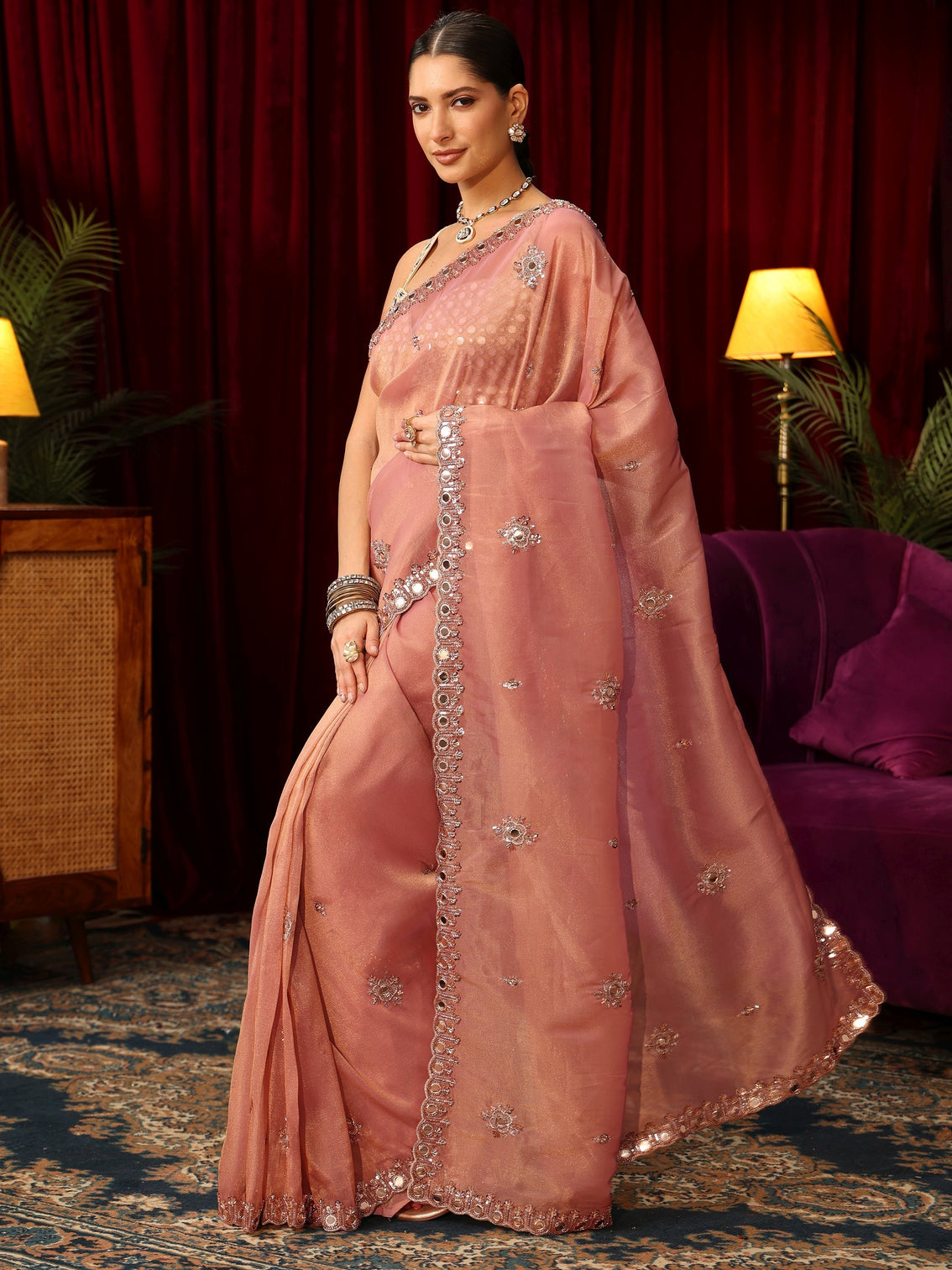 Mameraa Art Baby Pink Tisssue Saree with Mirror Work Floral Embellishments