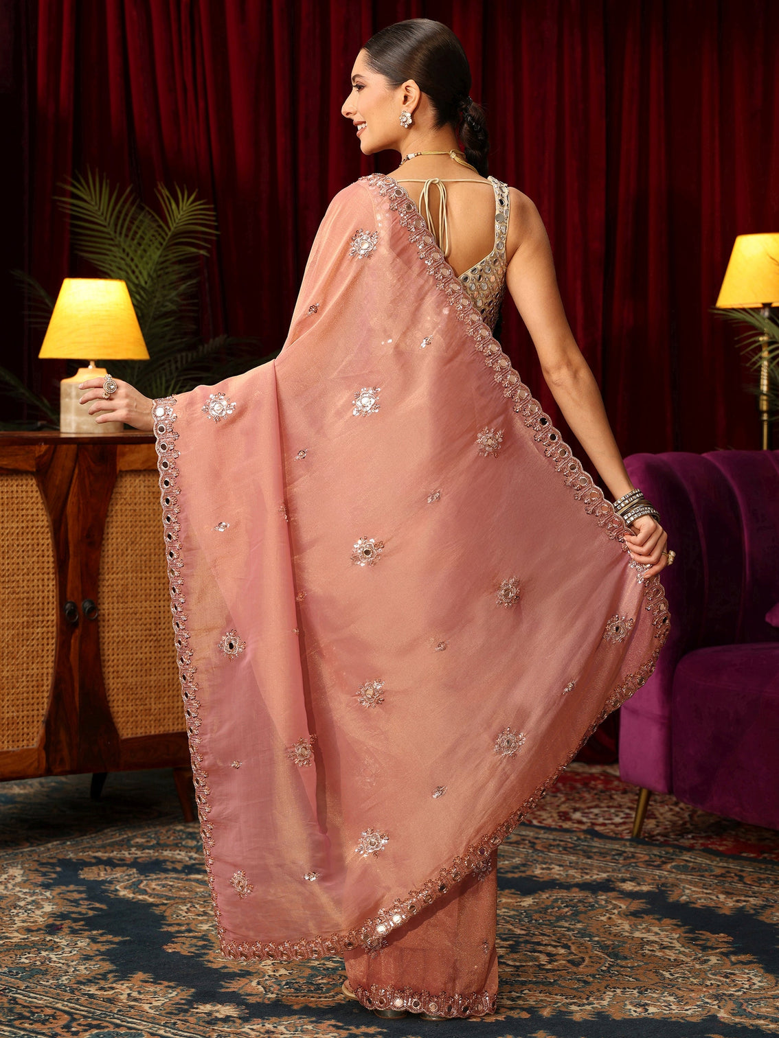 Mameraa Art Baby Pink Tisssue Saree with Mirror Work Floral Embellishments