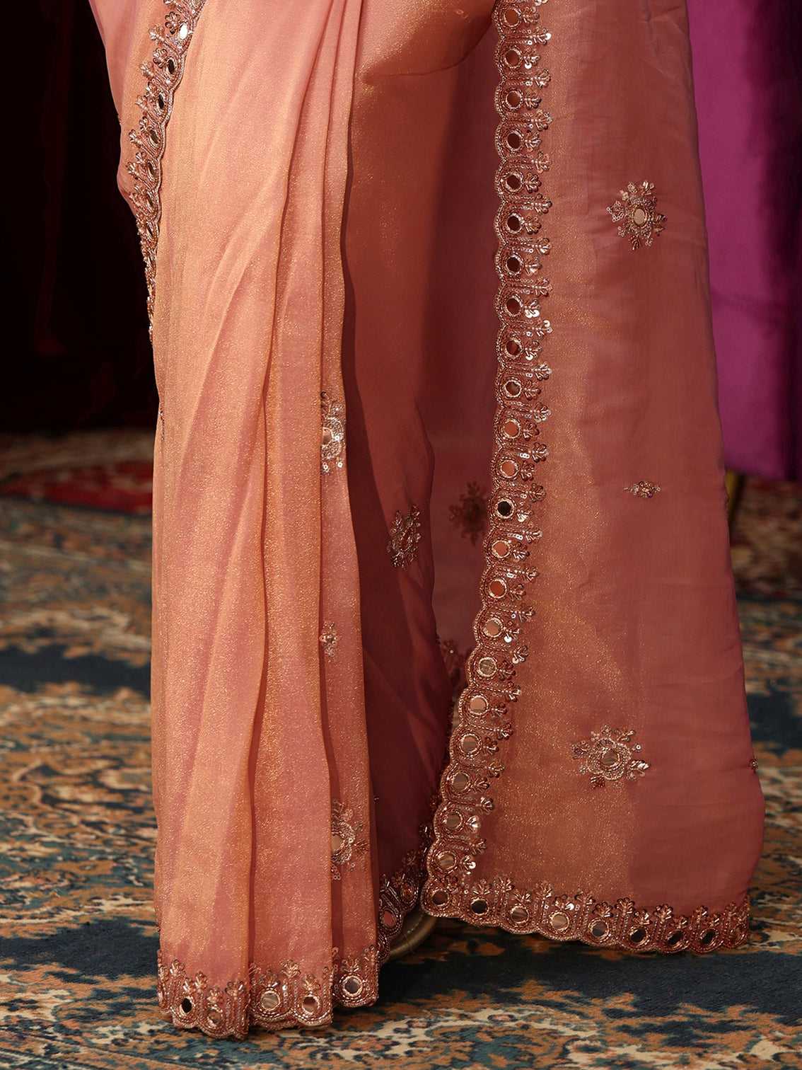 Mameraa Art Baby Pink Tisssue Saree with Mirror Work Floral Embellishments