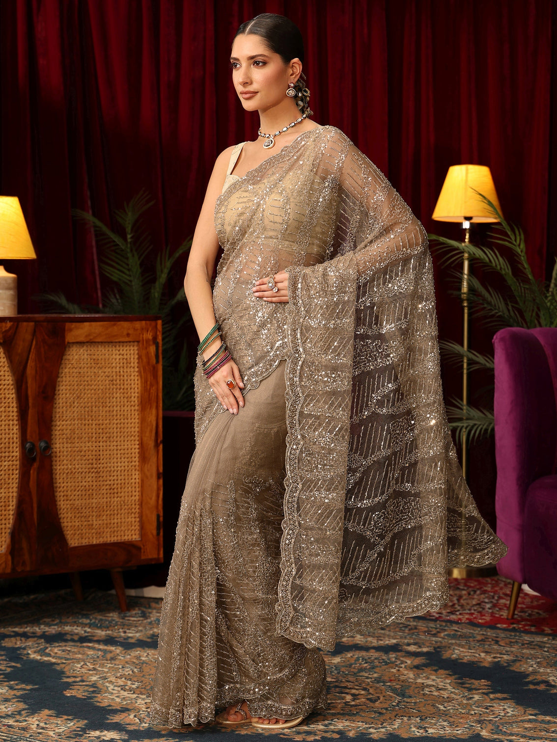 Mameraa Art Taupe Bead and Sequin Embellished Net Saree
