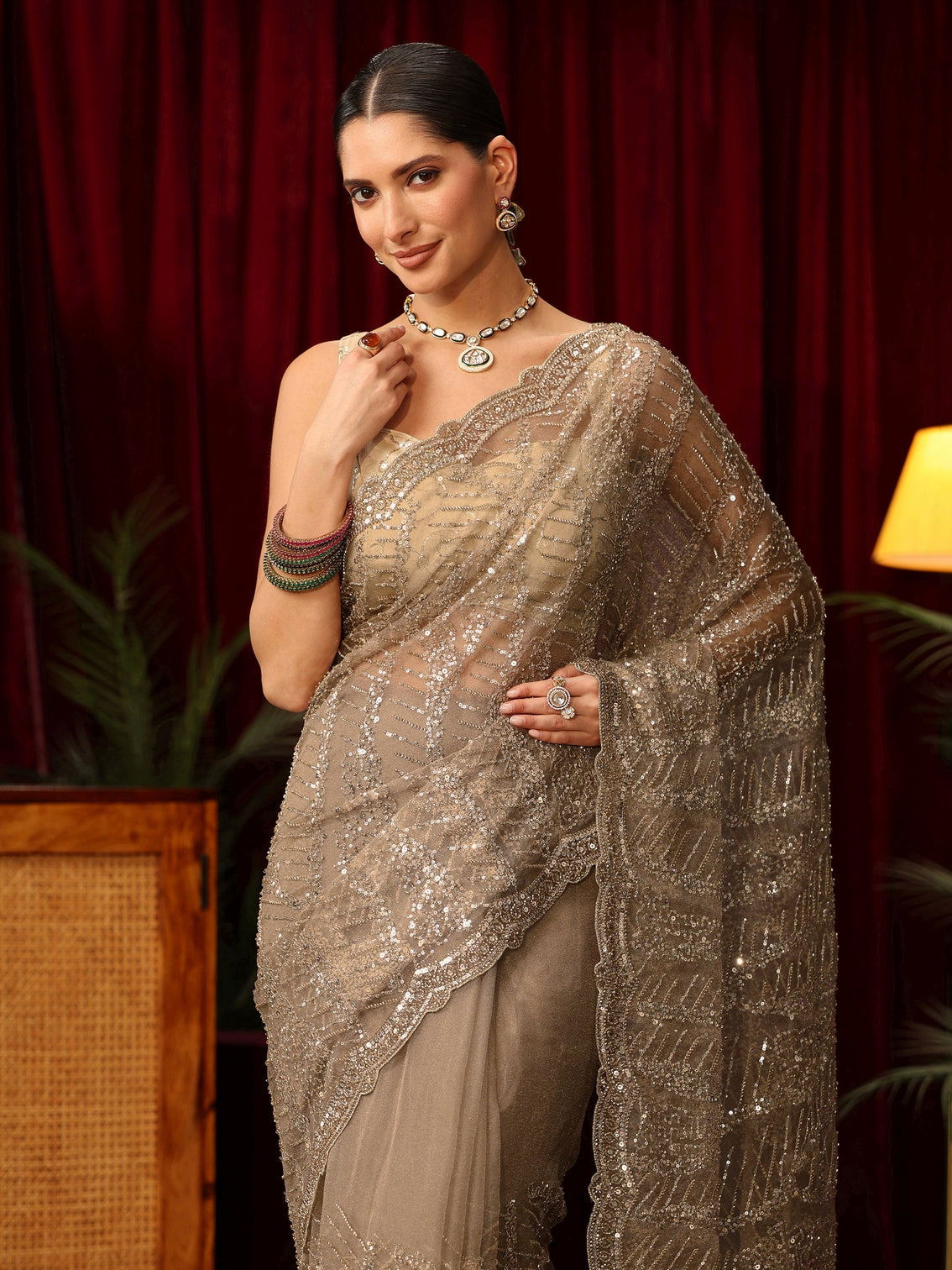 Mameraa Art Taupe Bead and Sequin Embellished Net Saree