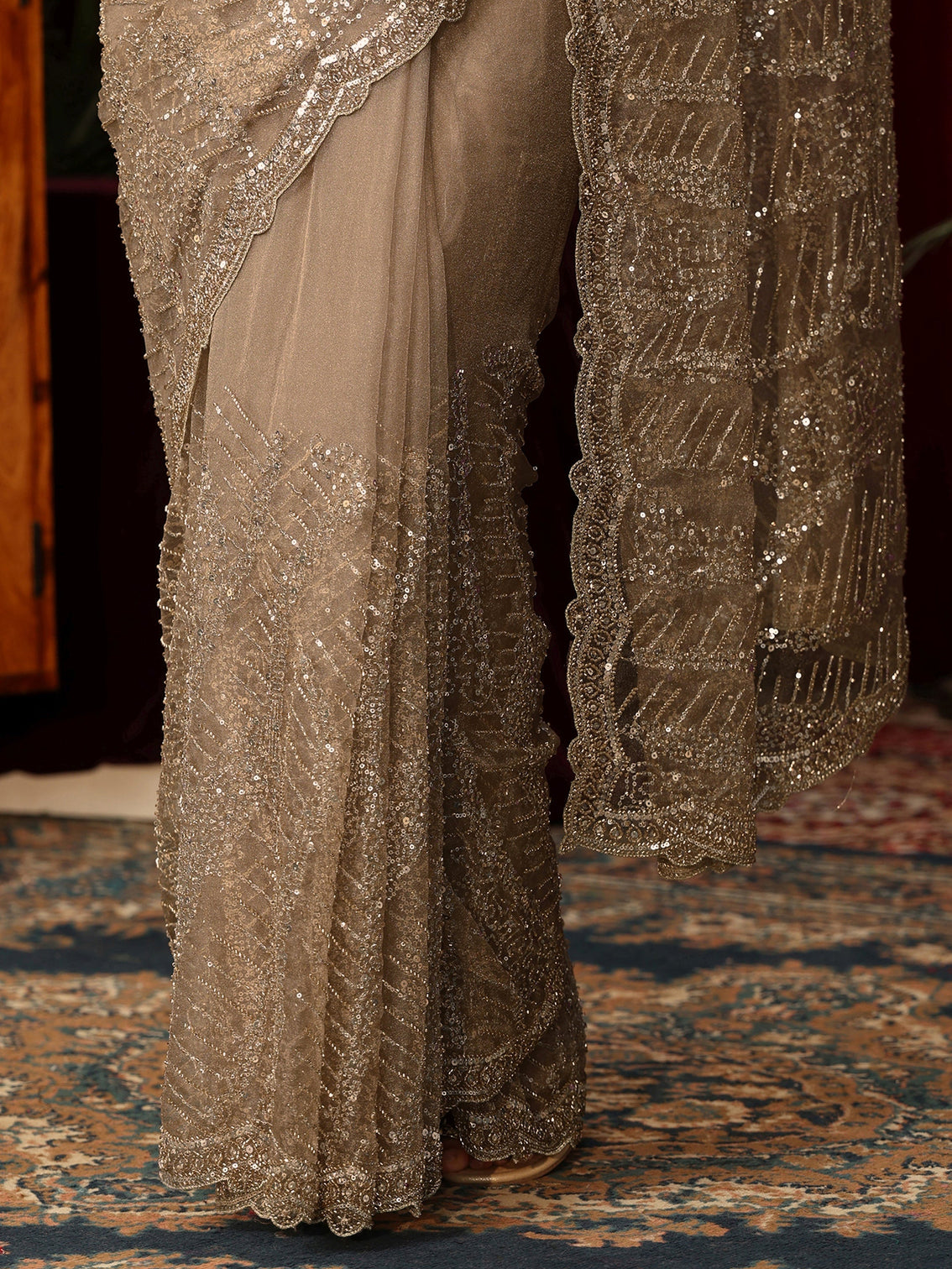 Mameraa Art Taupe Bead and Sequin Embellished Net Saree