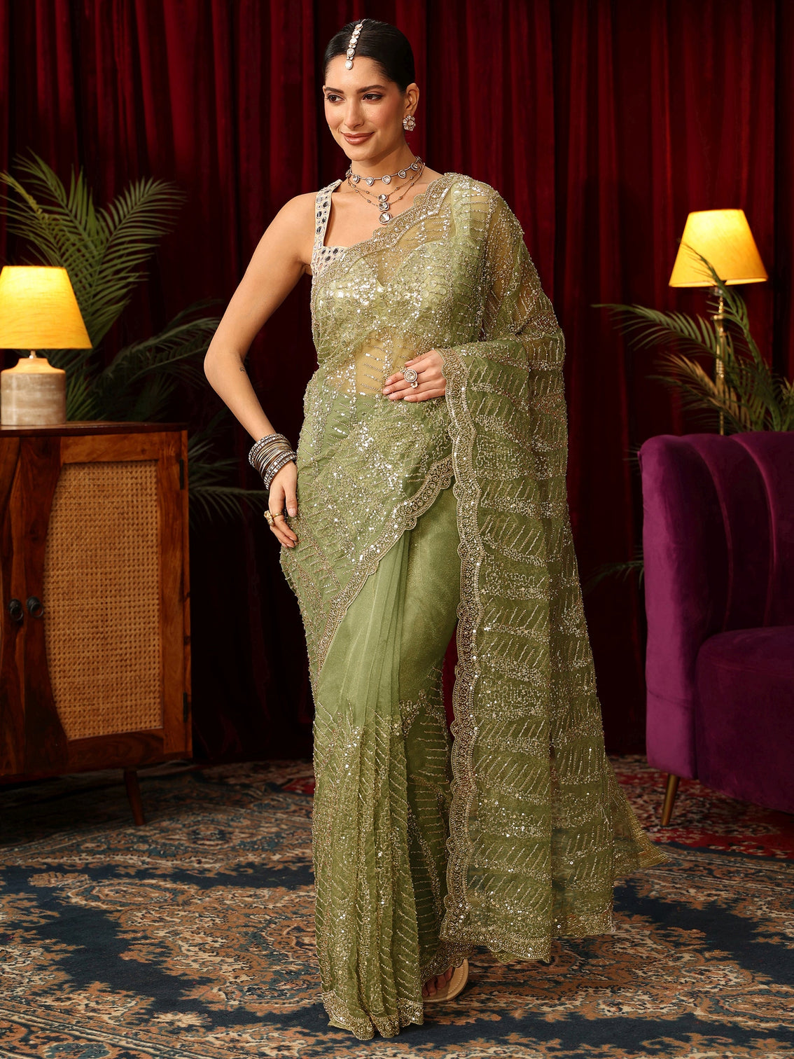 Mameraa Art Green Bead and Sequin Embellished Net Saree