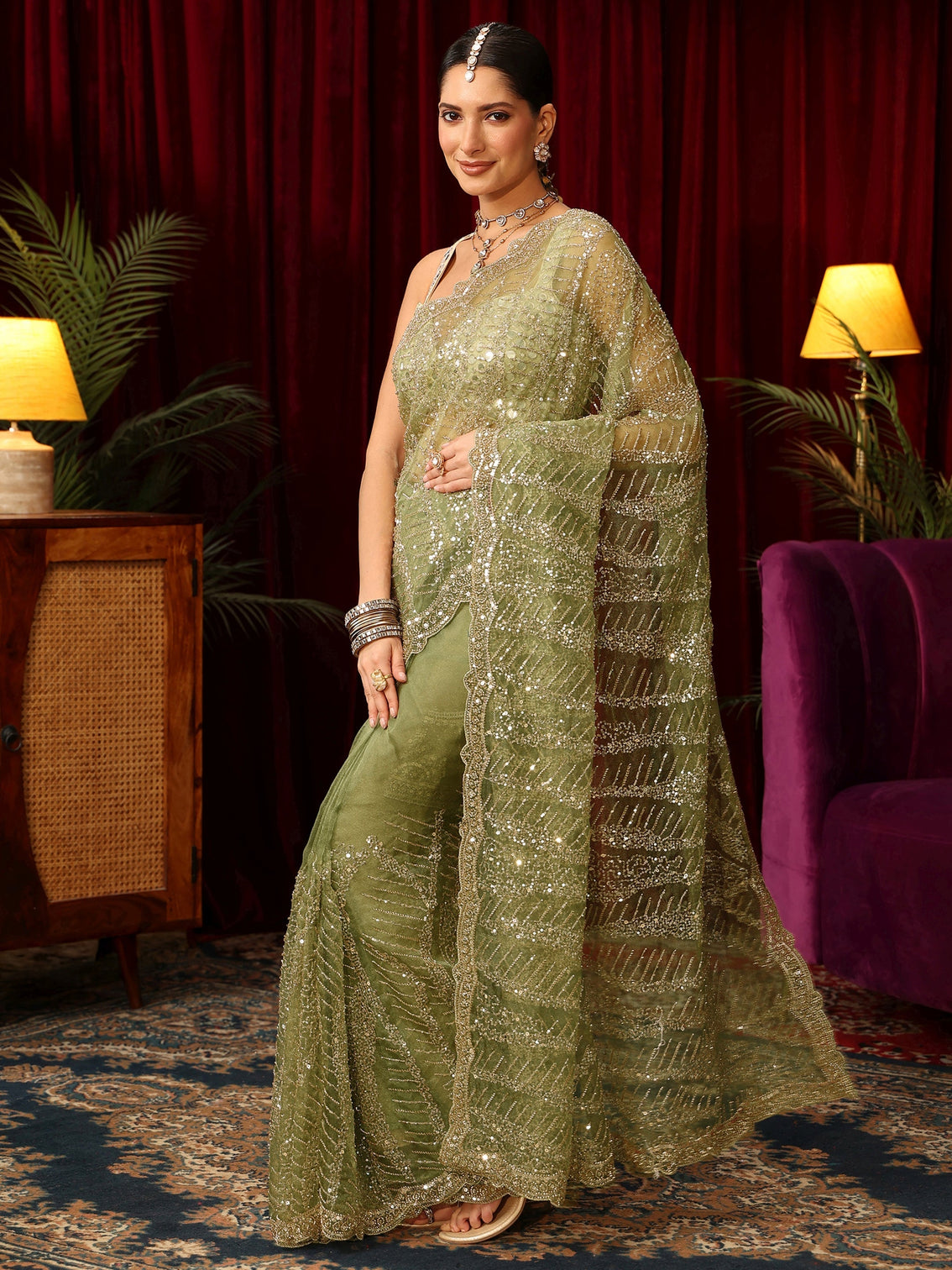 Mameraa Art Green Bead and Sequin Embellished Net Saree