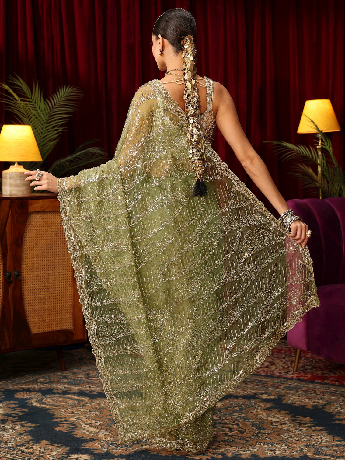 Mameraa Art Green Bead and Sequin Embellished Net Saree