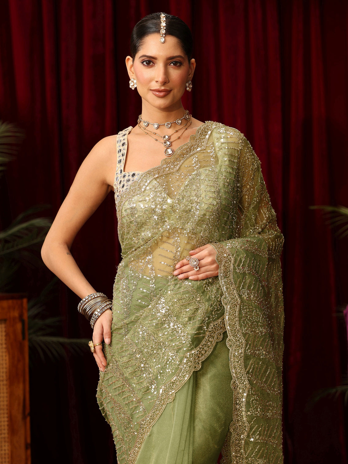 Mameraa Art Green Bead and Sequin Embellished Net Saree