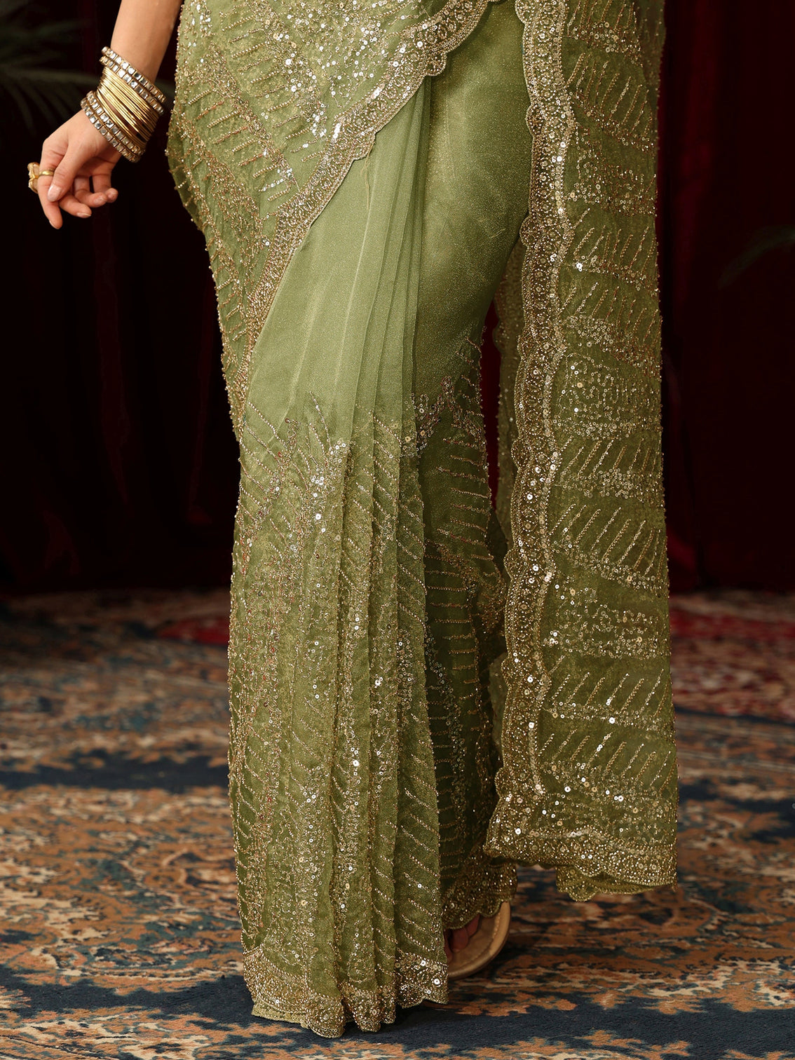 Mameraa Art Green Bead and Sequin Embellished Net Saree