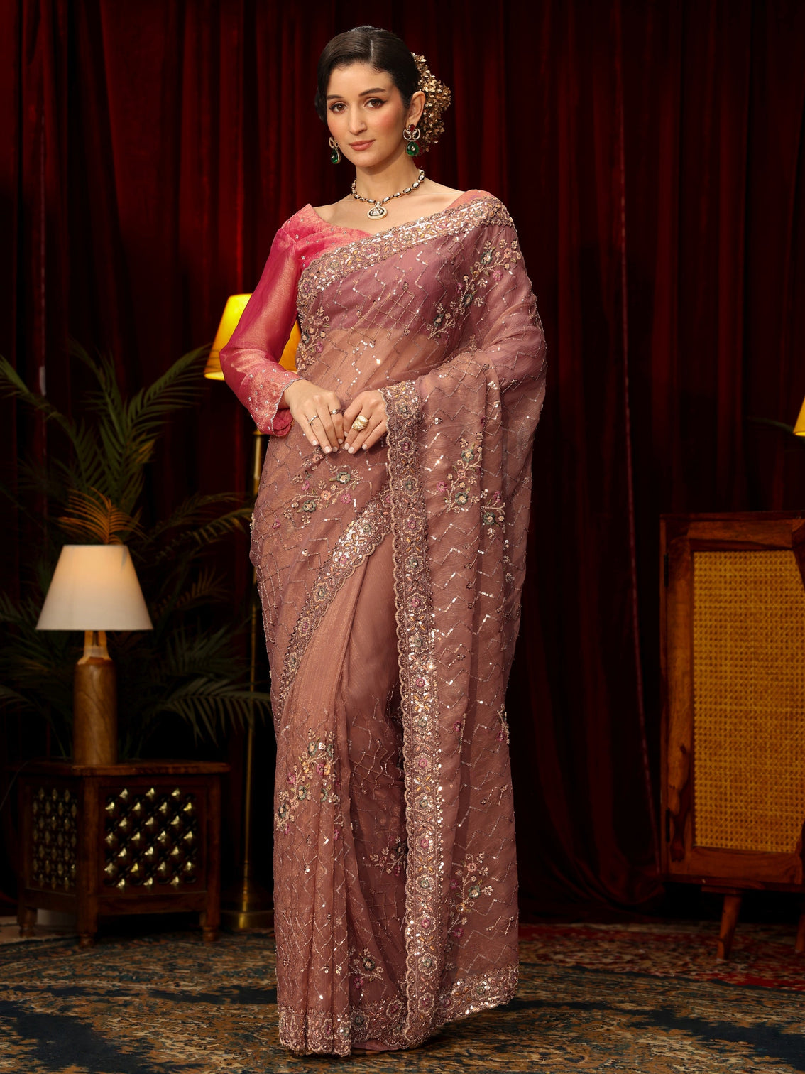 Mameraa Art Peach Chevron Embellished Tissue Saree