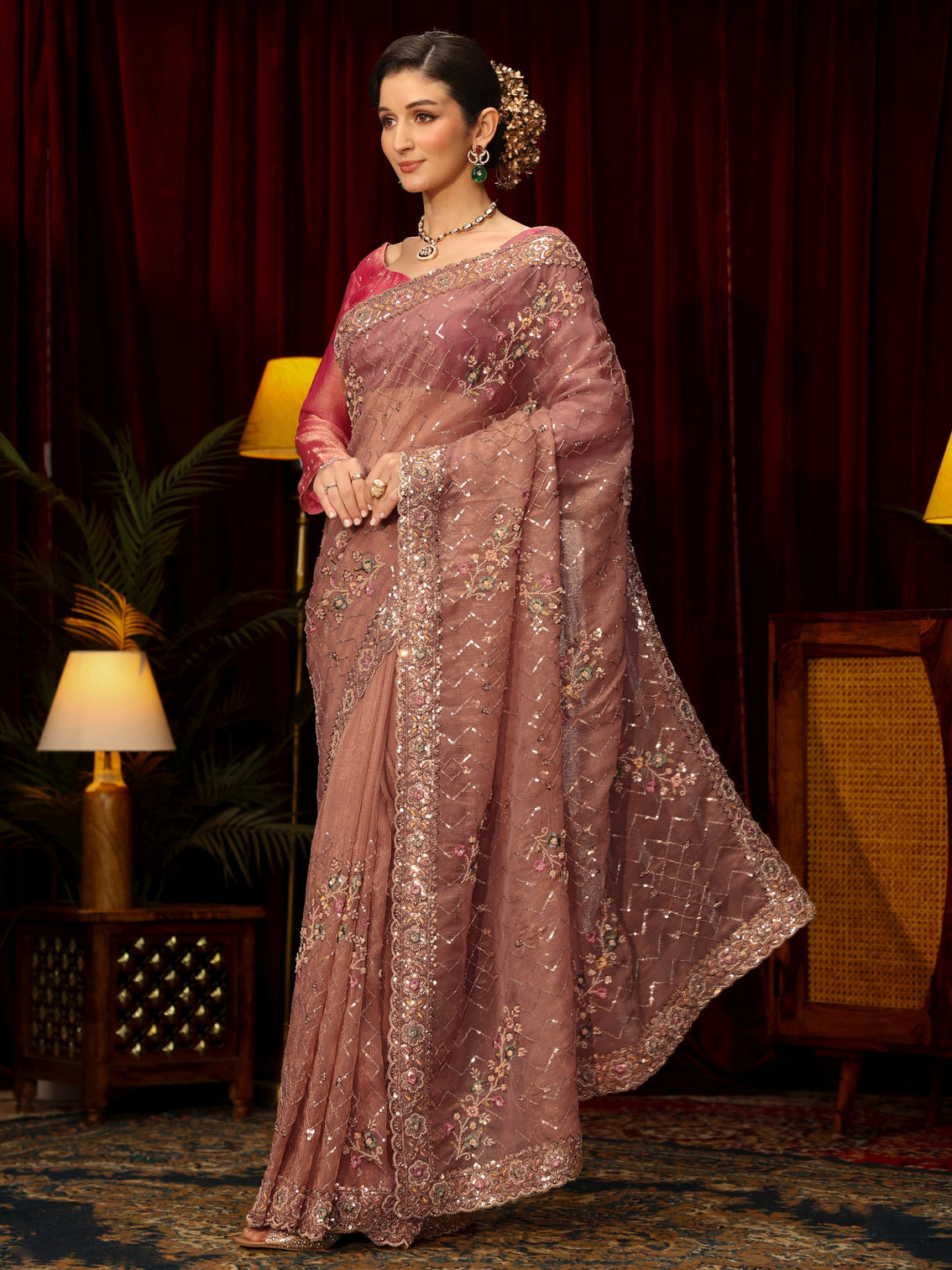 Mameraa Art Peach Chevron Embellished Tissue Saree
