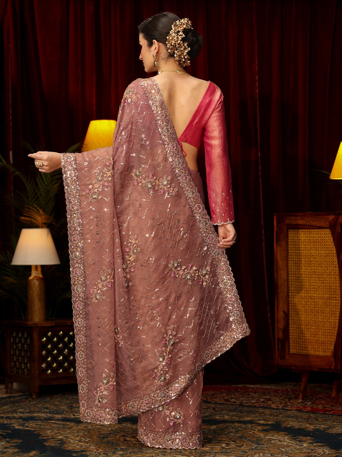 Mameraa Art Peach Chevron Embellished Tissue Saree