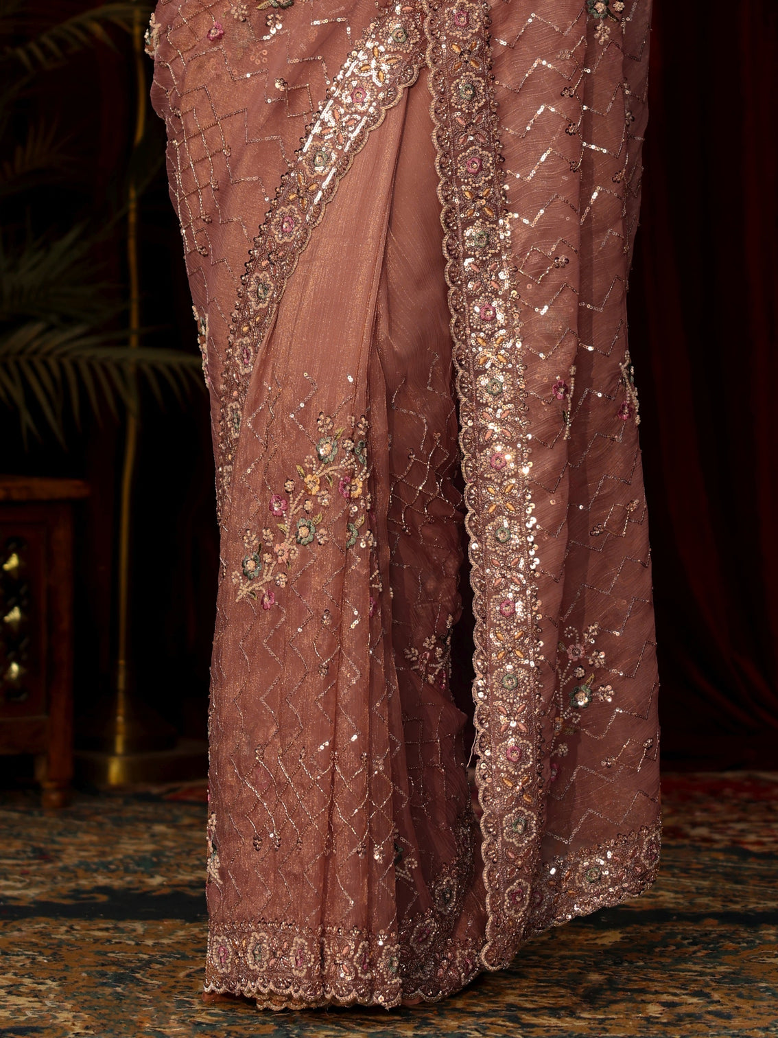 Mameraa Art Peach Chevron Embellished Tissue Saree