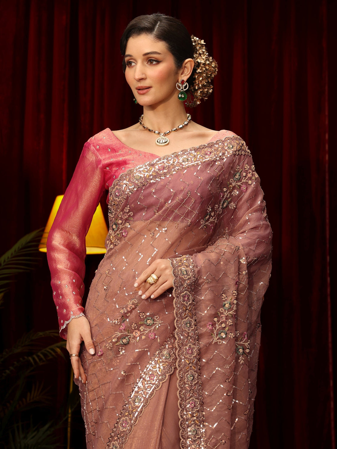 Mameraa Art Peach Chevron Embellished Tissue Saree