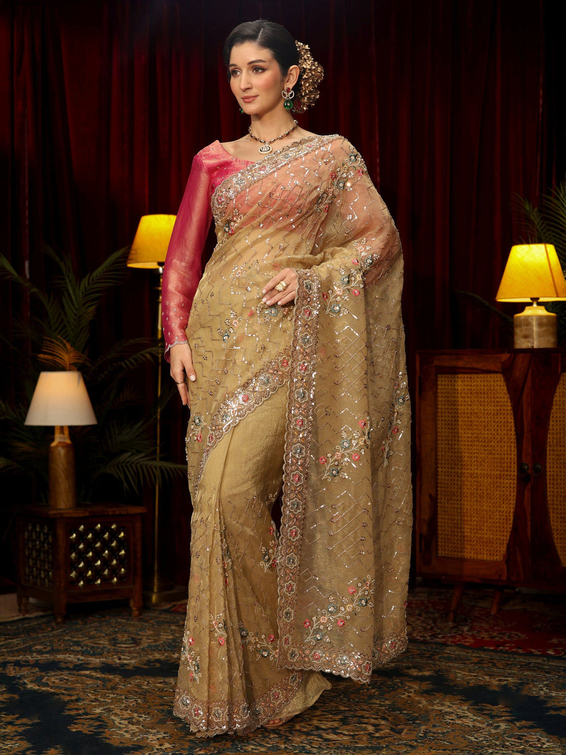 Mameraa Art Golden Chevron Embellished Tissue Saree
